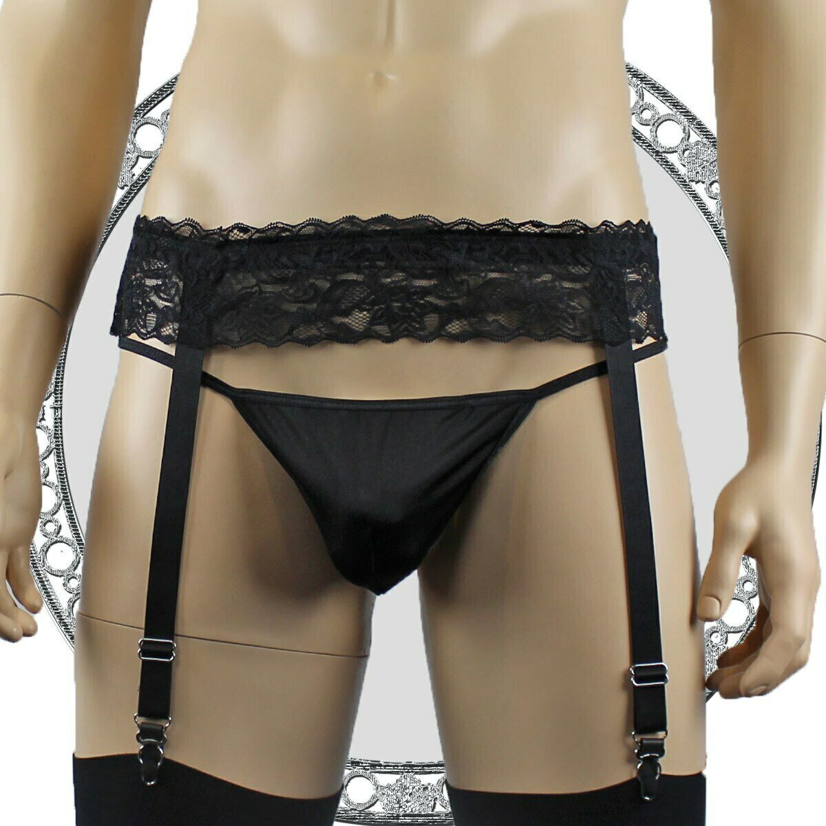 Mens Glamour Lycra & Lace Bra Top, Boxer Brief Shorts with Garterbelt & Stockings
