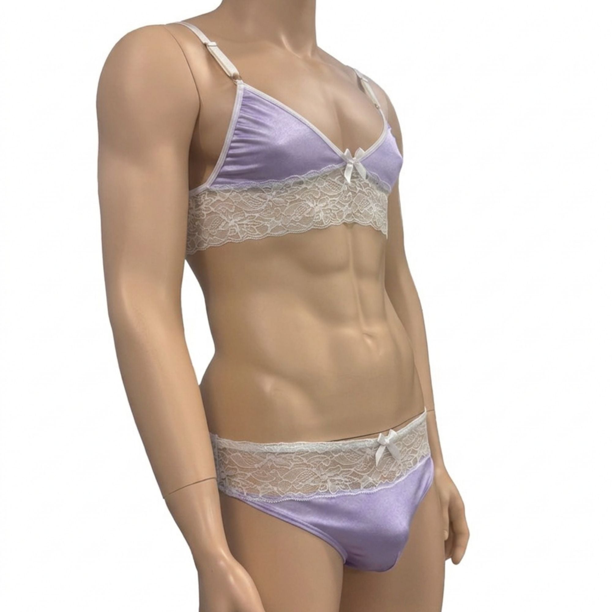 Mens Jackie Spandex & Lace Bra Top and Seamless Front Brief Lilac & White Lace