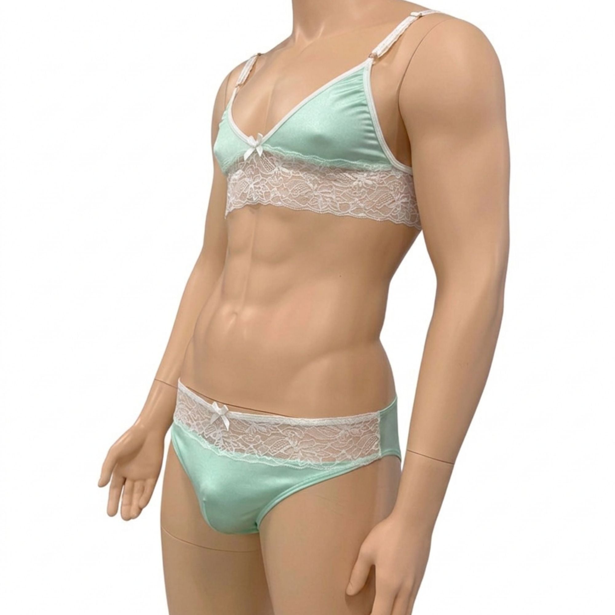 Mens Jackie Spandex & Lace Bra Top and Seamless Front Brief Mint & White Lace