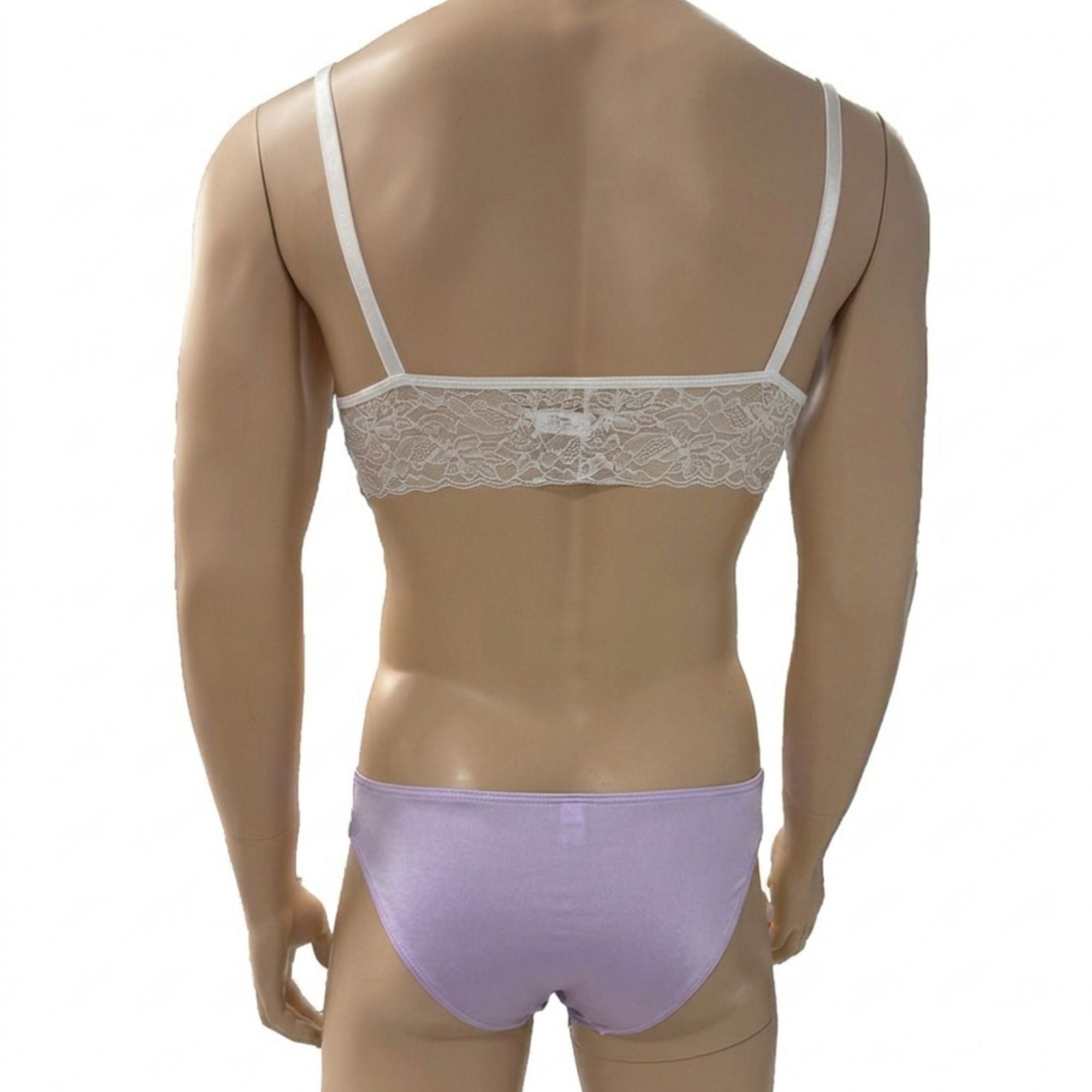 Mens Jackie Spandex & Lace Bra Top and Seamless Front Brief Lilac & White Lace