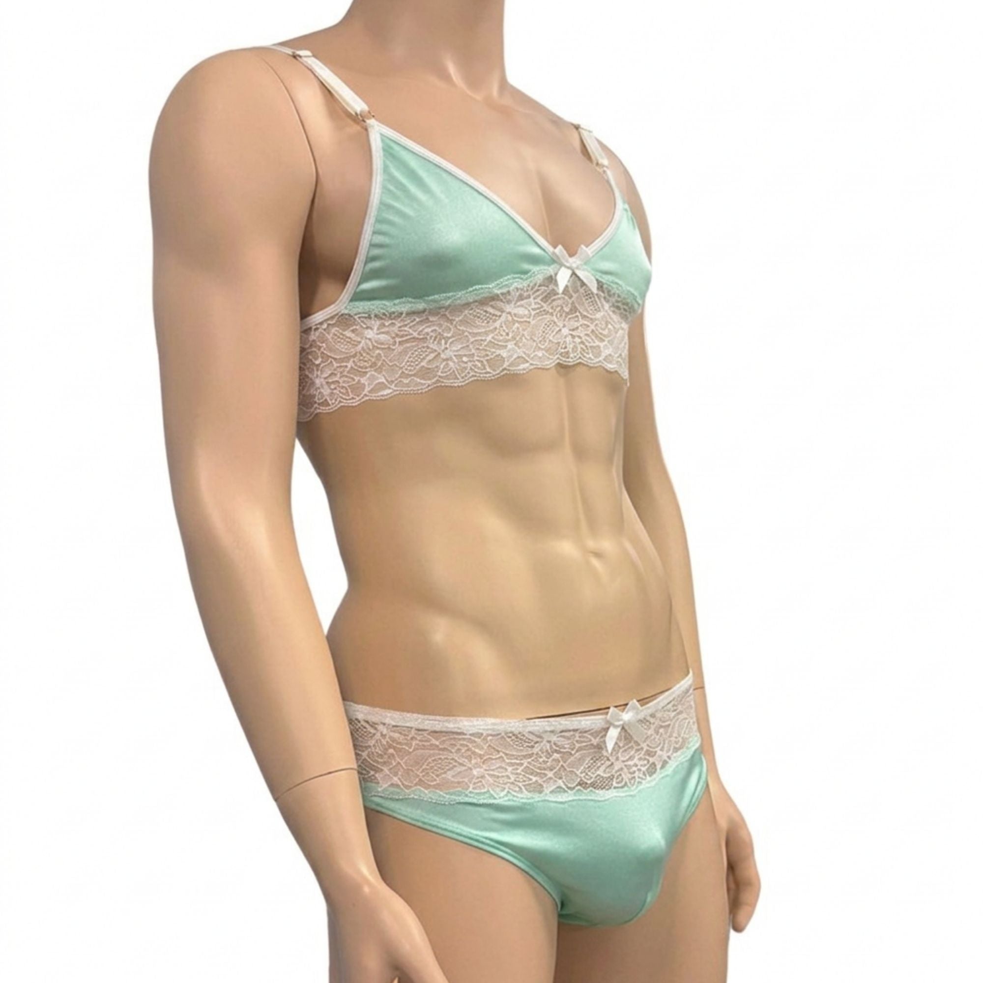 Mens Jackie Spandex & Lace Bra Top and Seamless Front Brief Mint & White Lace