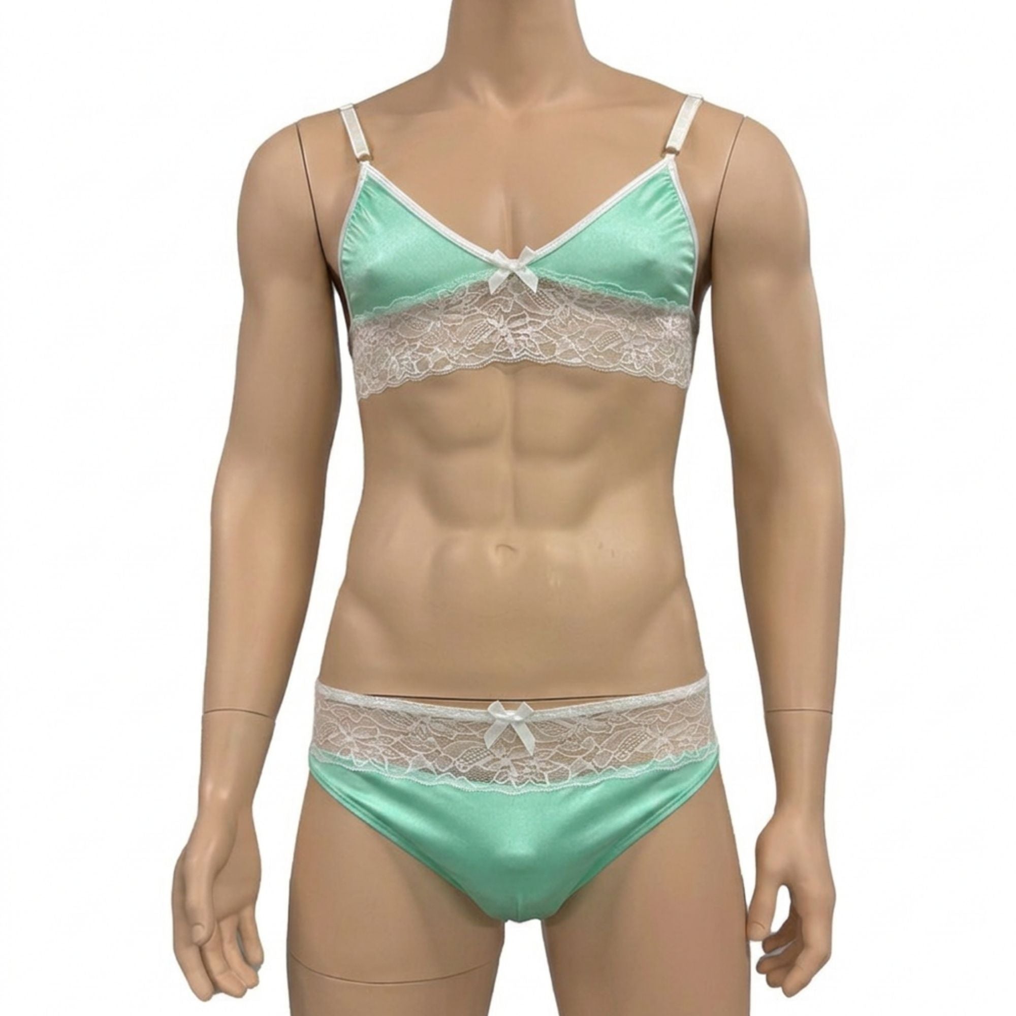 Mens Jackie Spandex & Lace Bra Top and Seamless Front Brief Mint & White Lace