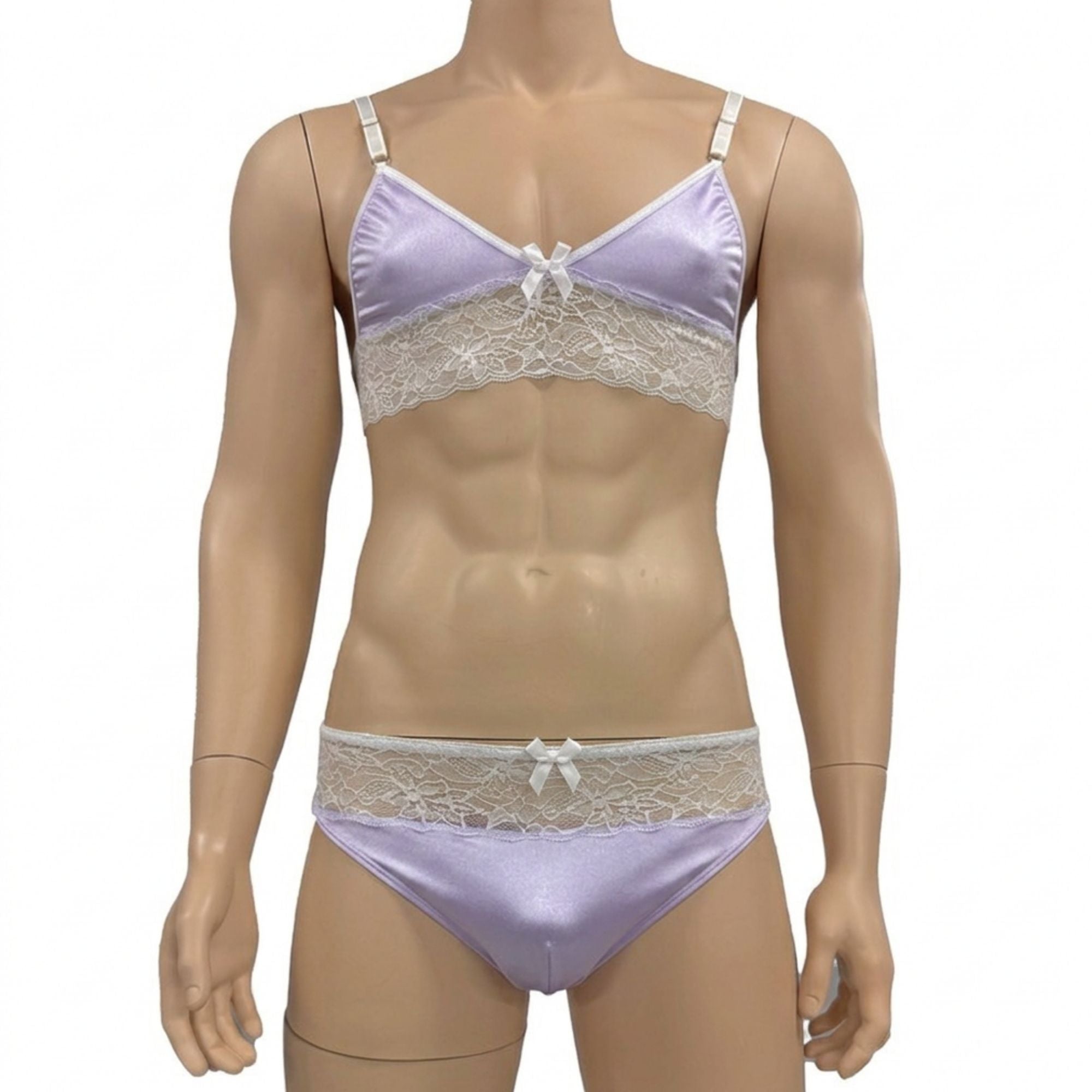 Mens Jackie Spandex & Lace Bra Top and Seamless Front Brief Lilac & White Lace