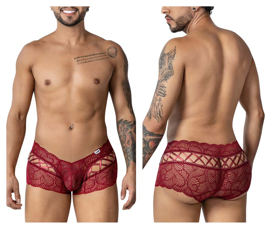 CandyMan 99916 Mens Sexy Lace Boxer Brief Trunks Burgundy