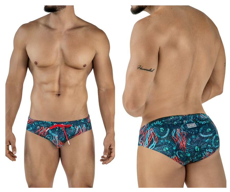 Clever 2066 Malpelo Mens Tropical Ocean Print Swim Briefs Dark Blue