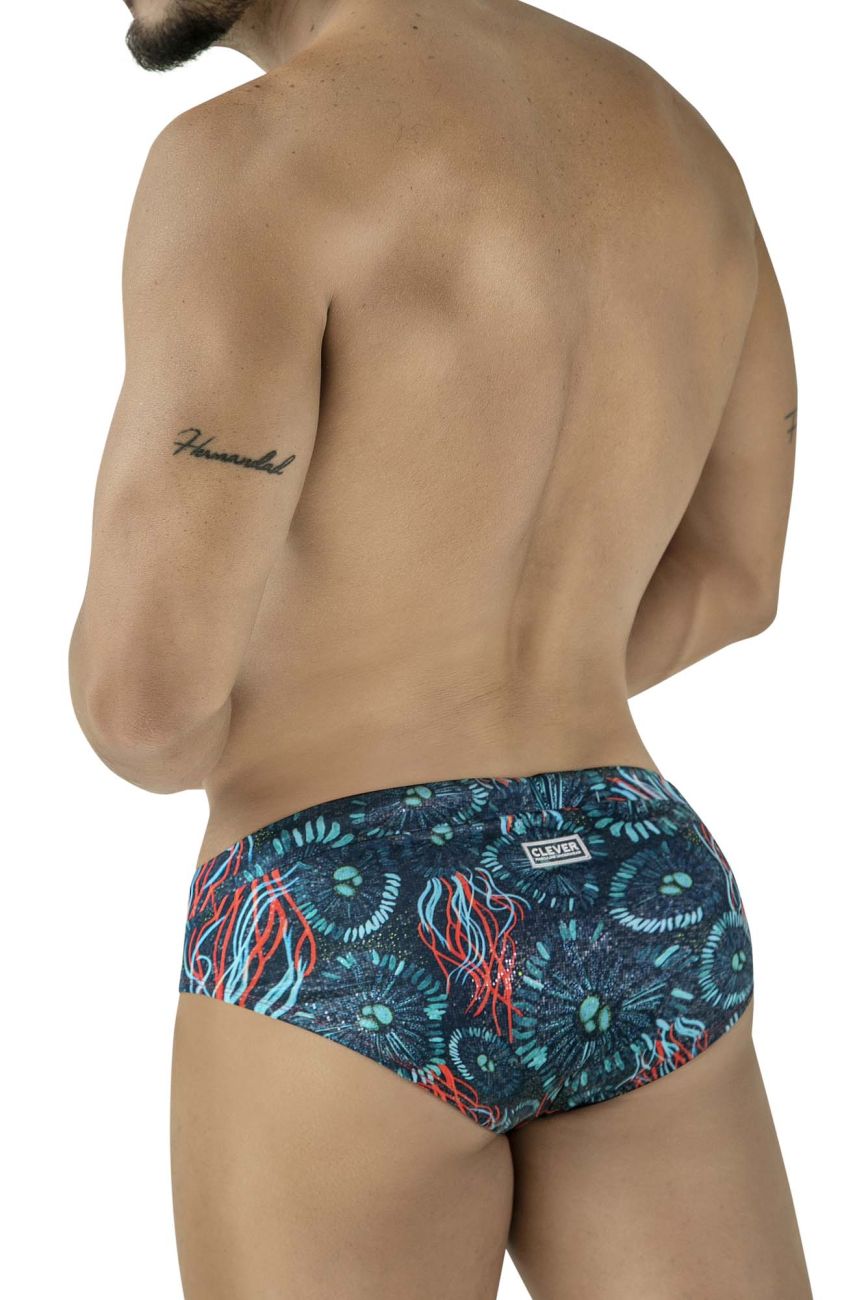 Clever 2066 Malpelo Mens Tropical Ocean Print Swim Briefs Dark Blue