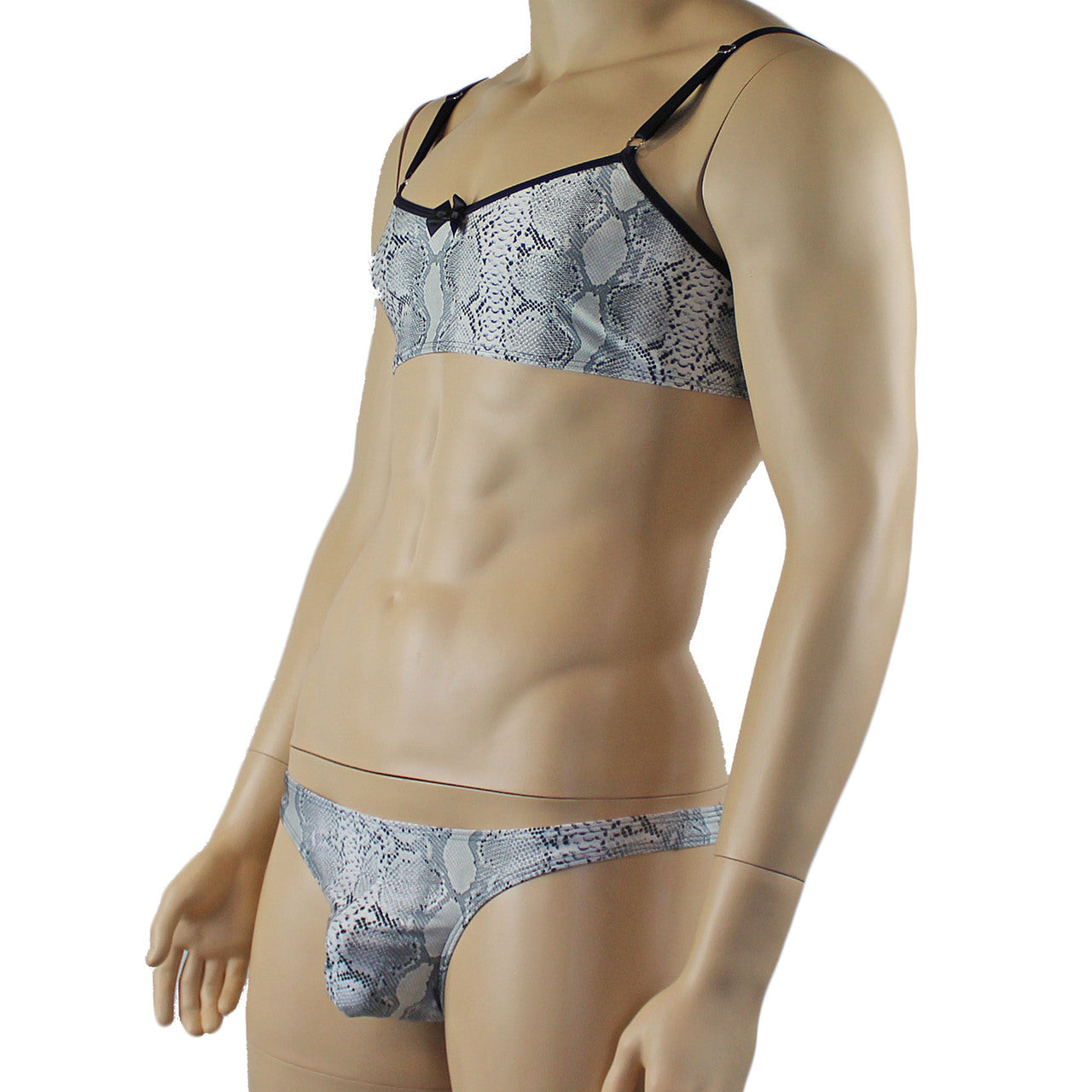 Mens Grey Snake Print Bra Top for Males & Thong
