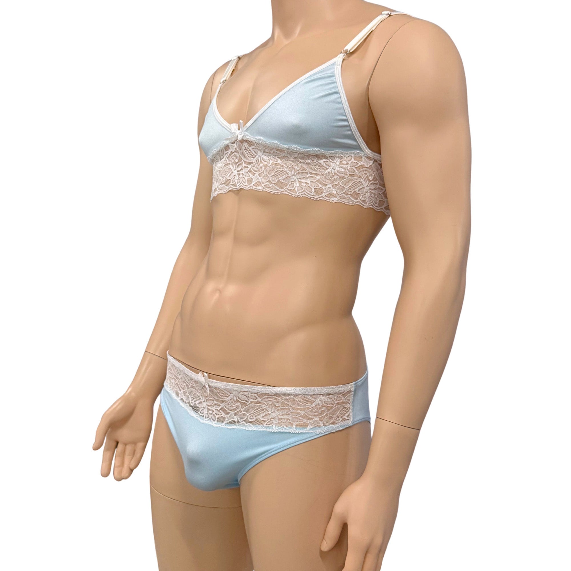 Mens Jackie Spandex & Lace Bra Top and Seamless Front Brief Light Blue & White Lace