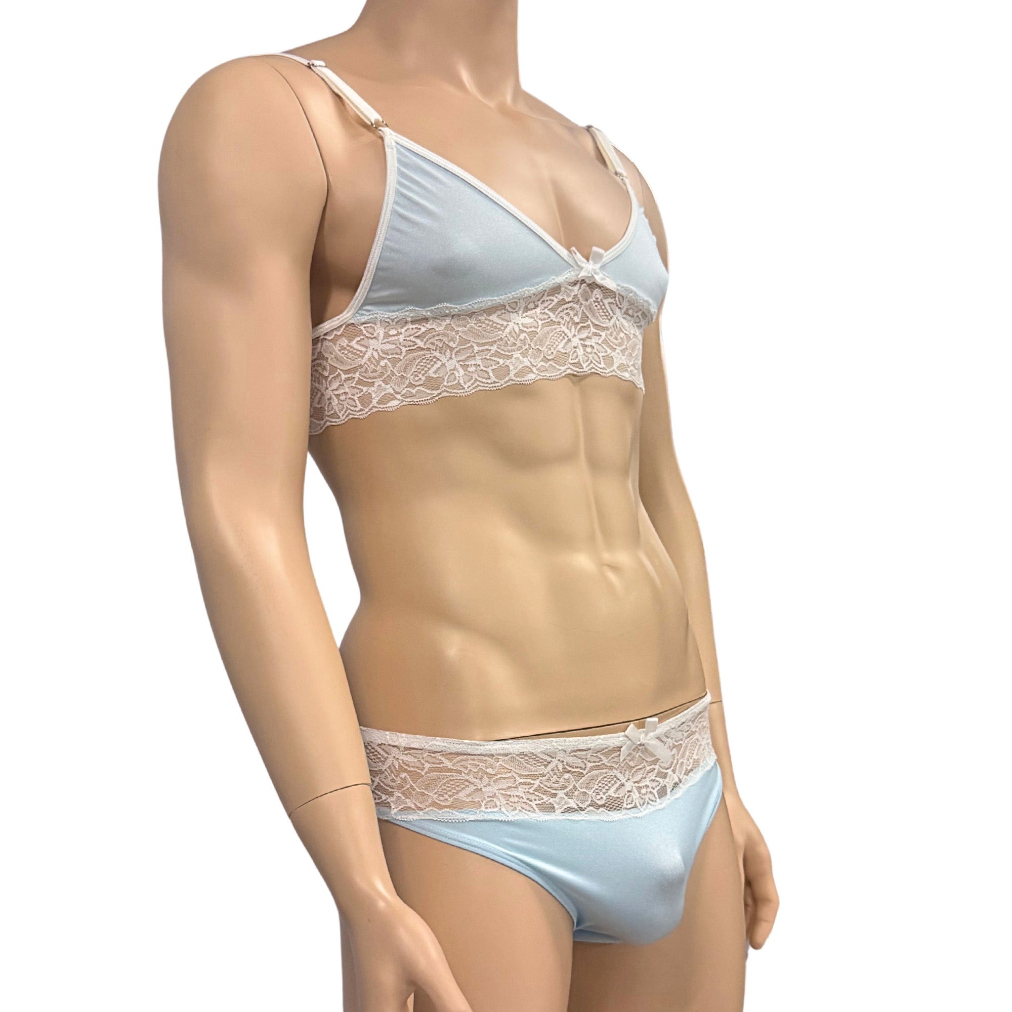 Mens Jackie Spandex & Lace Bra Top and Seamless Front Brief Light Blue & White Lace