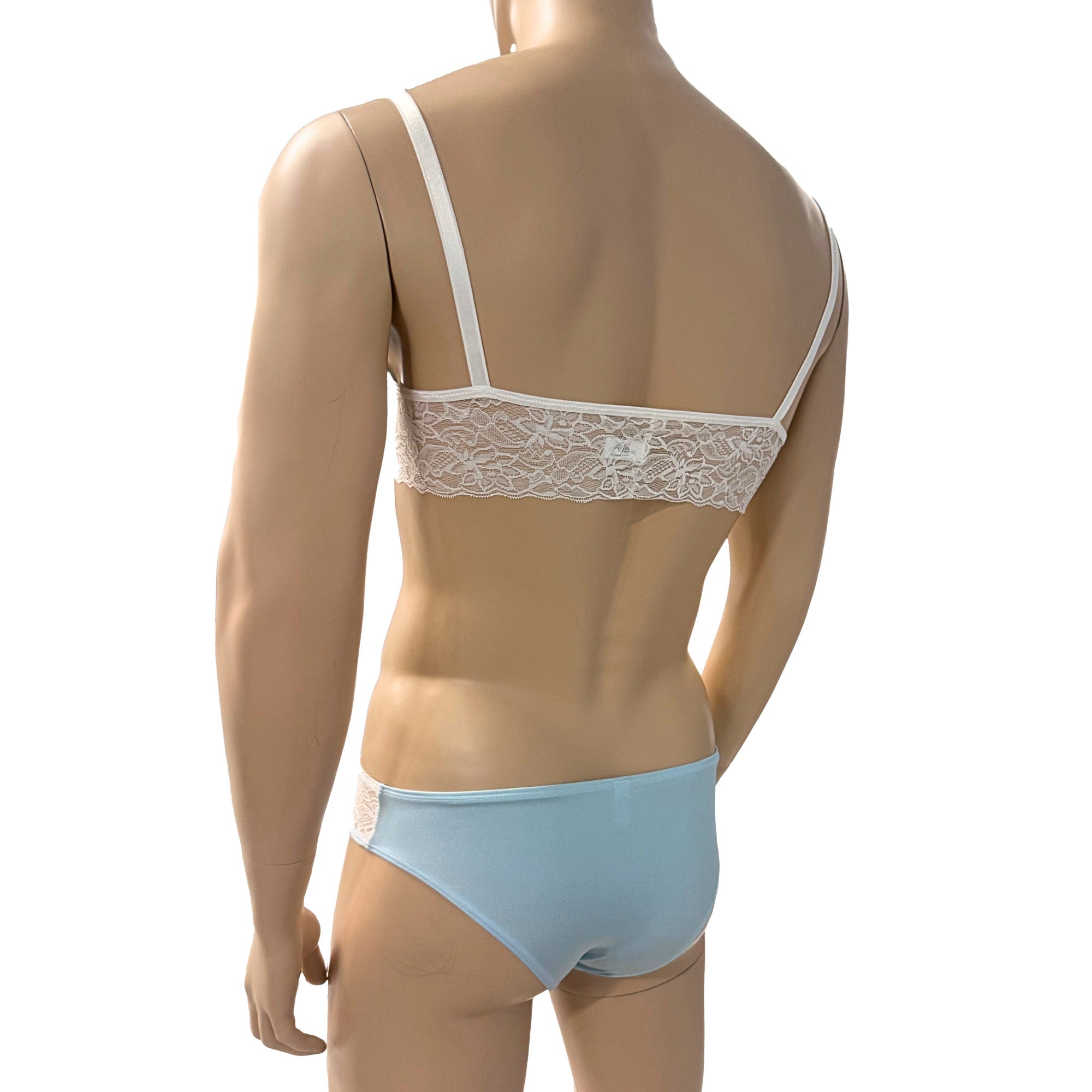 Mens Jackie Spandex & Lace Bra Top and Seamless Front Brief Light Blue & White Lace