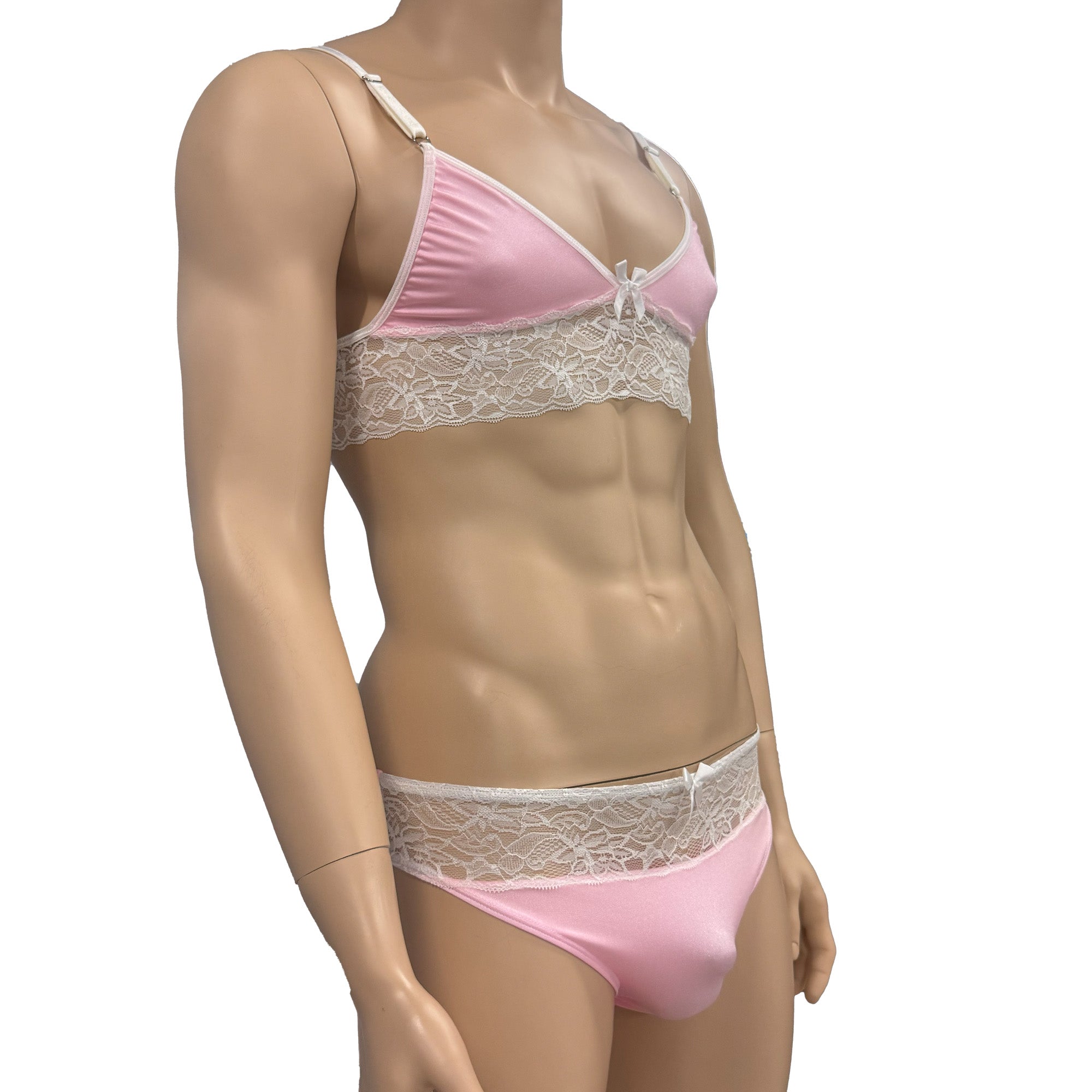 Mens Jackie Spandex & Lace Bra Top and Seamless Front Brief Light Pink & White Lace