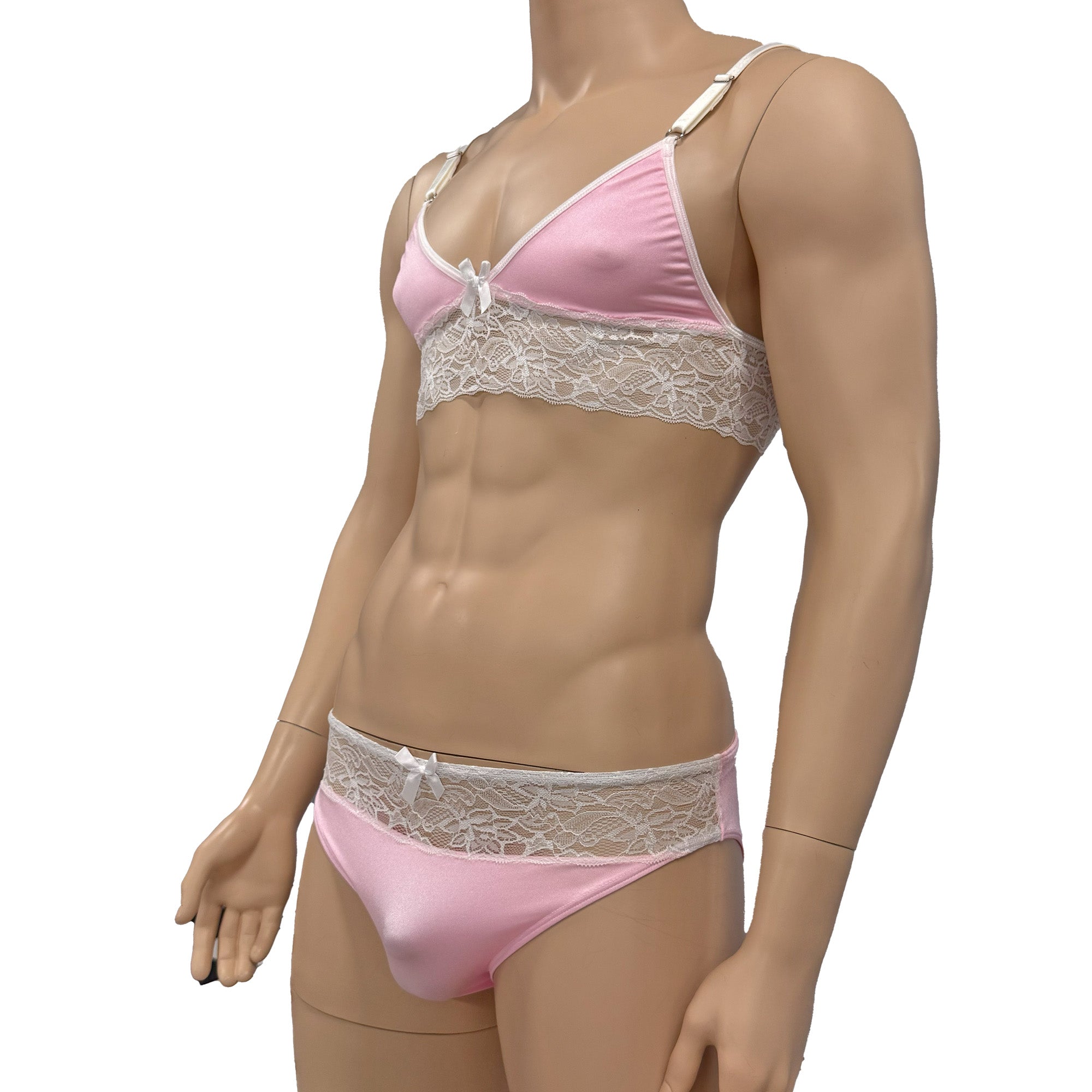 Mens Jackie Spandex & Lace Bra Top and Seamless Front Brief Light Pink & White Lace