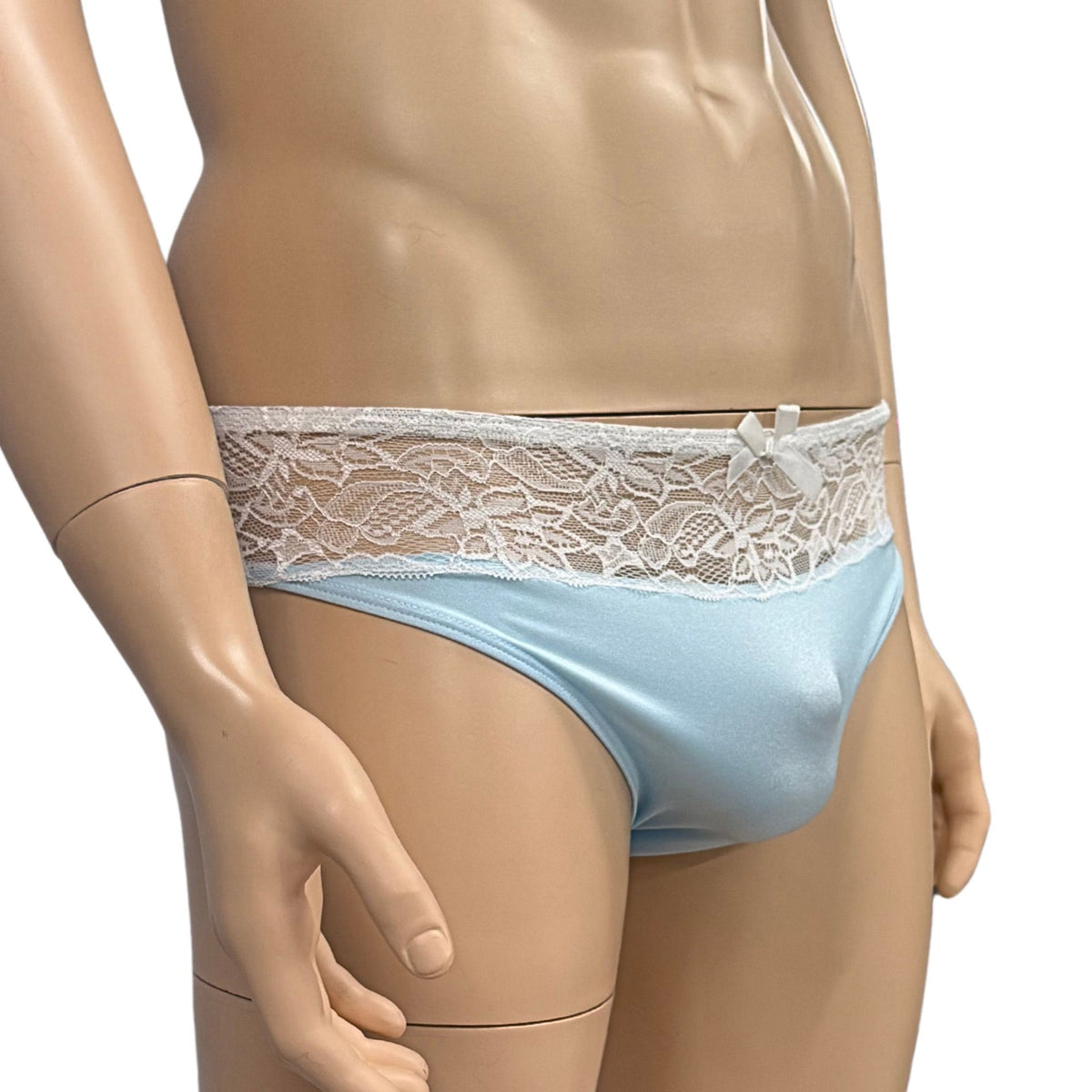 Mens Jackie Stretch Spandex Seamless Front Bikini Brief Light Blue & White Lace