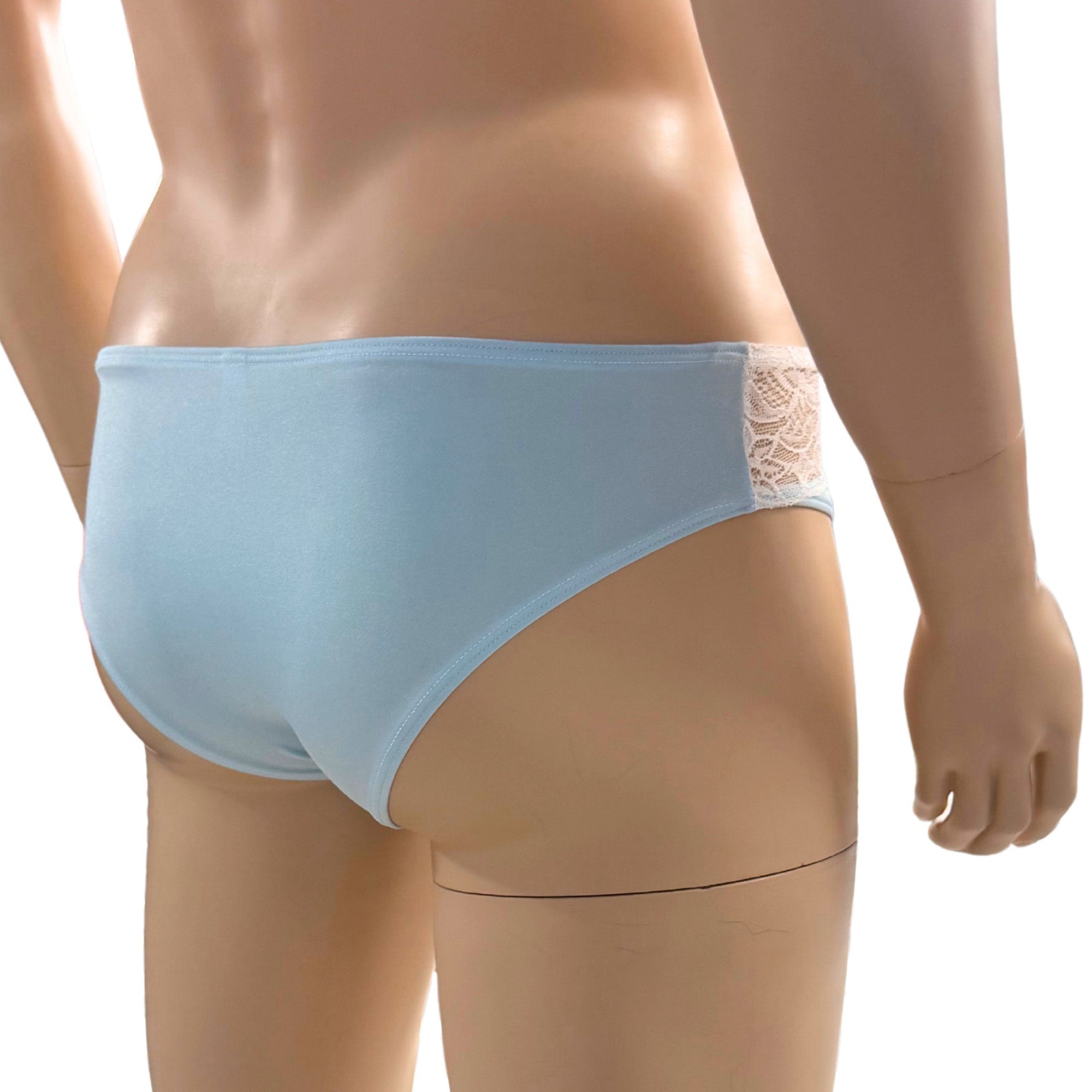 Mens Jackie Stretch Spandex Seamless Front Bikini Brief Light Blue & White Lace