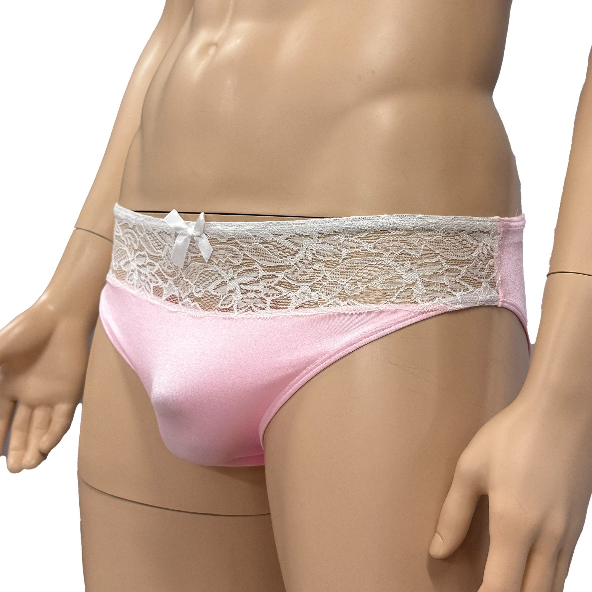 Mens Jackie Stretch Spandex Seamless Front Bikini Brief Light Pink & White Lace
