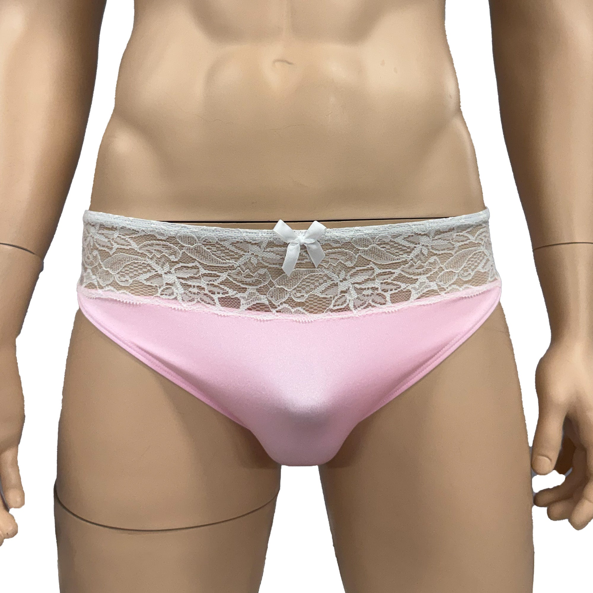 Mens Jackie Spandex & Lace Bra Top and Seamless Front Brief Light Pink & White Lace