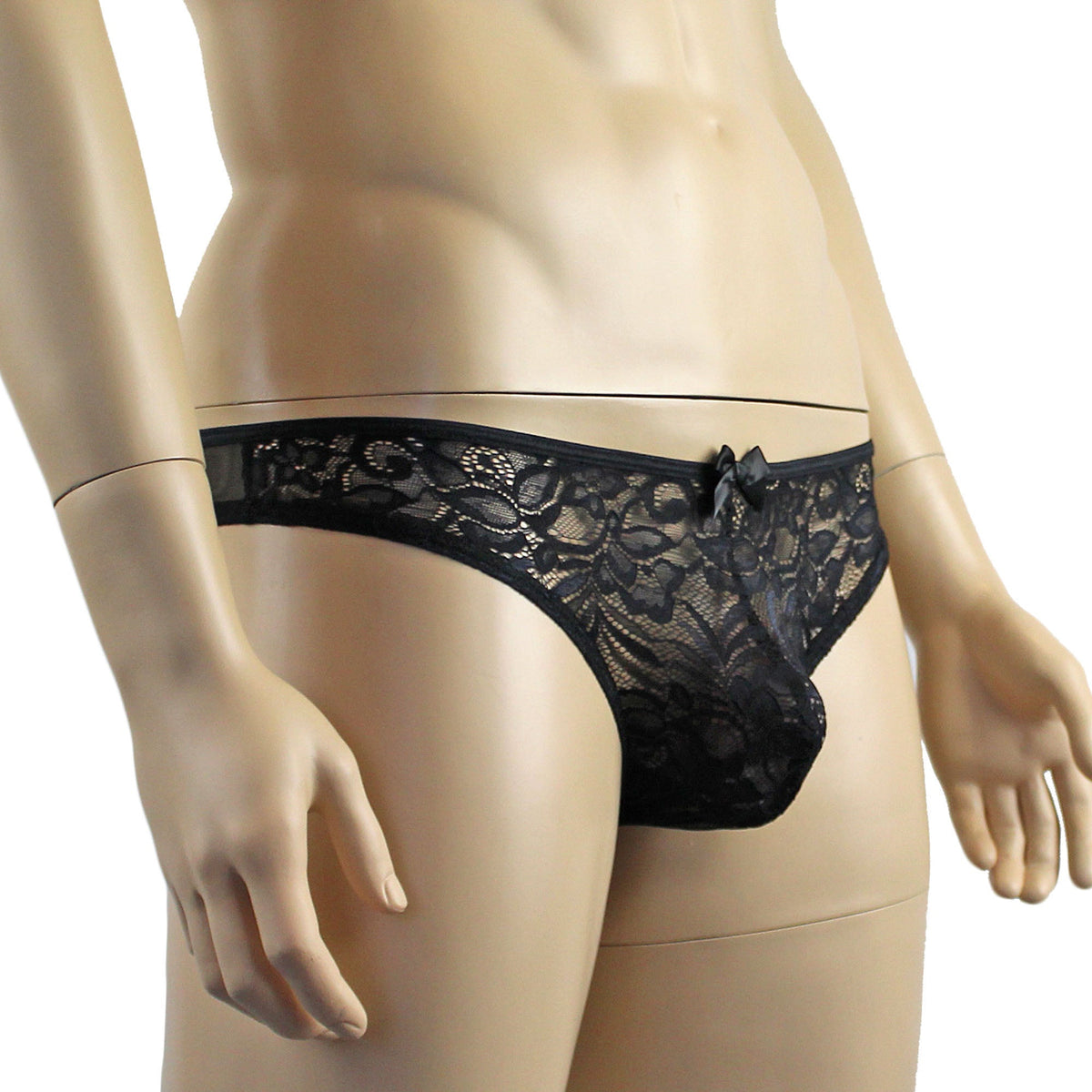 Mens Kristy Sexy Lace Thong Panties with Stretch Mesh Back Black