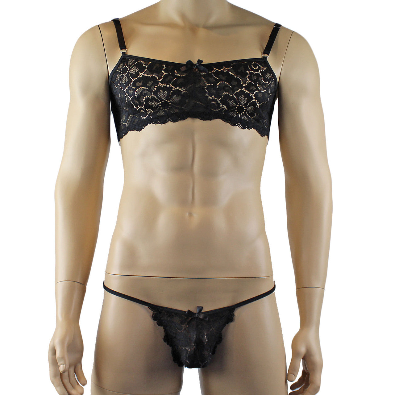 Mens Sweetheart Scalloped Shiny Lace Bra Top and G string Black
