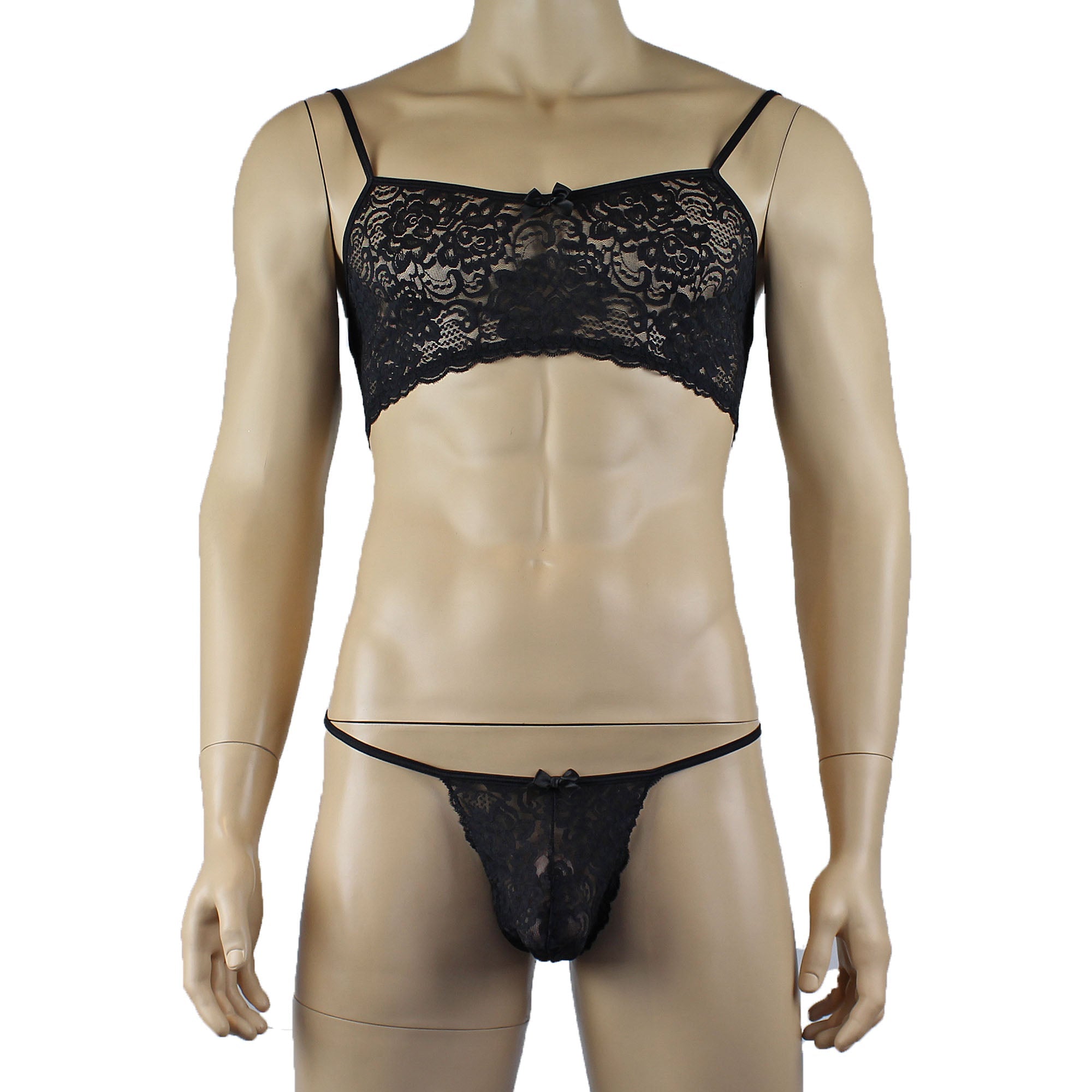 Mens Rebecca Pretty Floral Lingerie Lace Bra Top, Micro Mini Skirt and G string Black