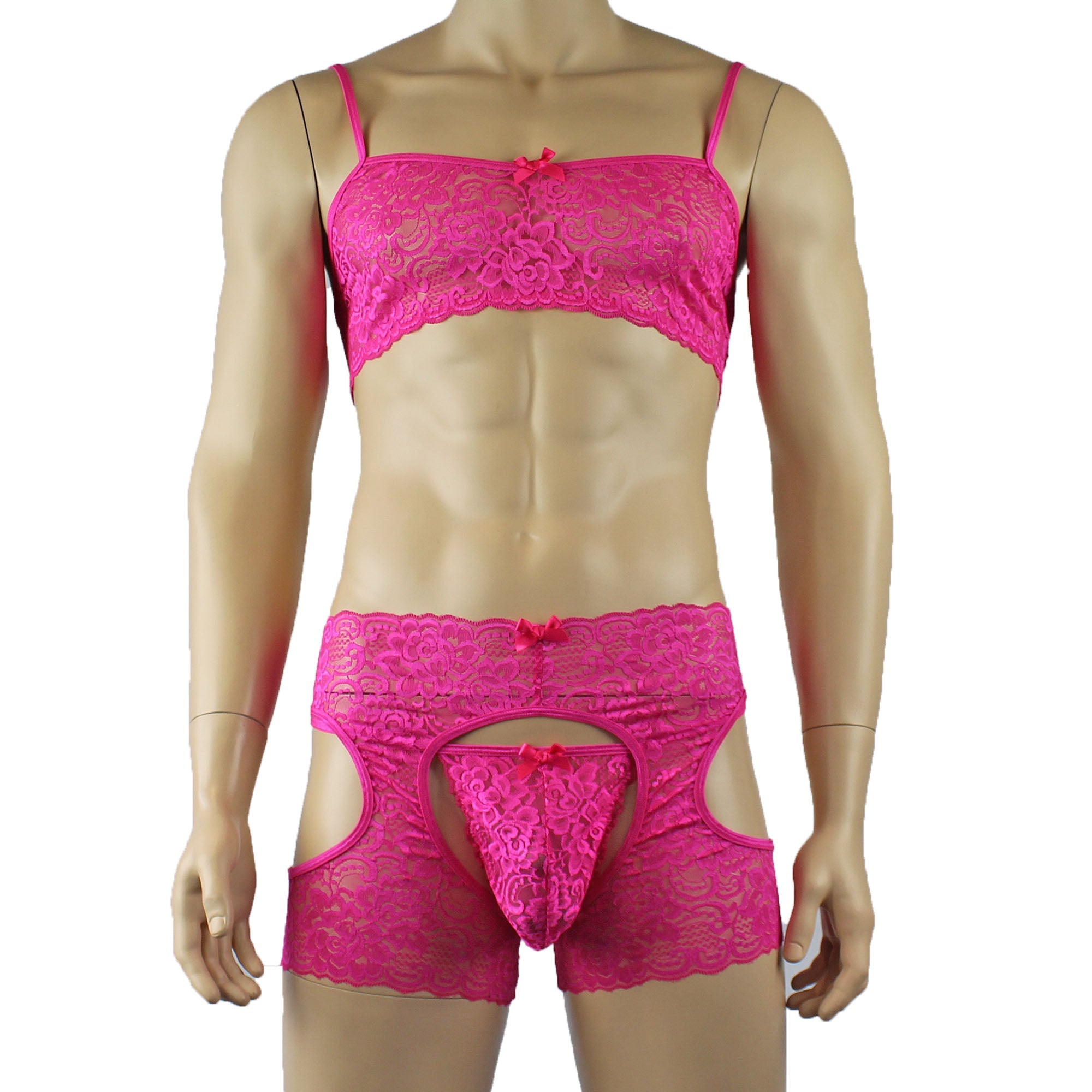 Mens Rebecca Pretty Floral Lingerie Lace Bra Top, Open Garter Boxer Shorts with G string Hot Pink