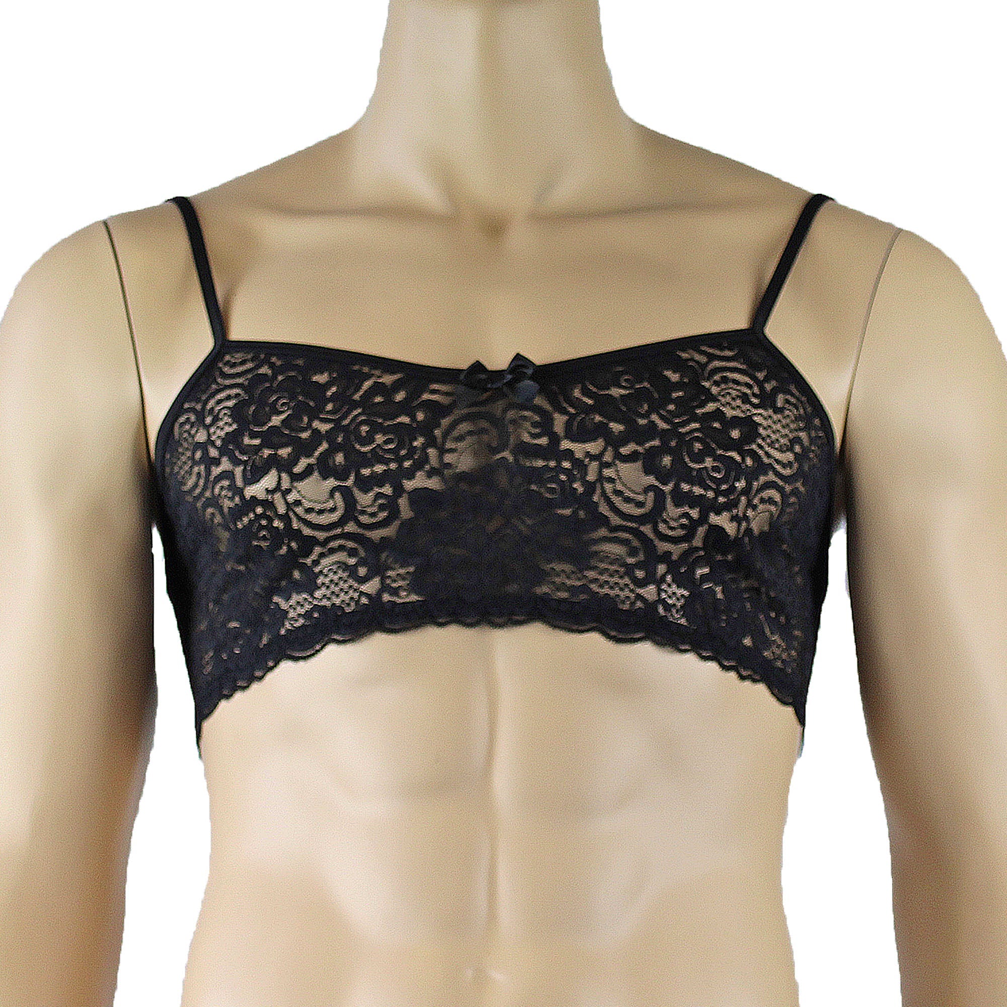 Mens Rebecca Pretty Floral Lingerie Lace Bra Top, Open Garter Boxer Shorts with G string Black