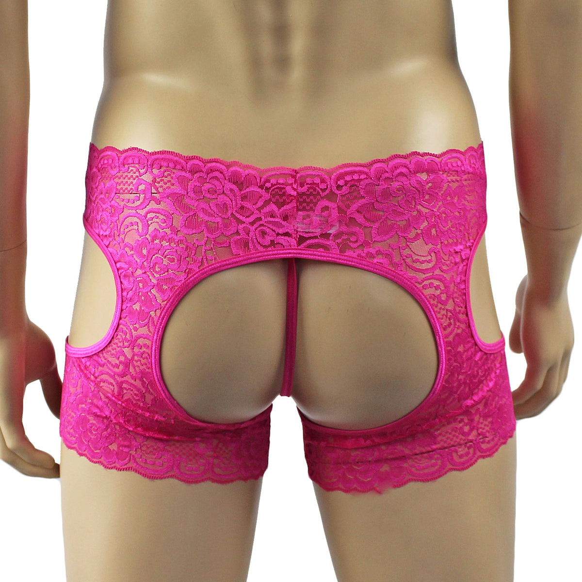 Mens Rebecca Pretty Floral Lingerie Lace Open Garter Boxer Shorts with G string Hot Pink