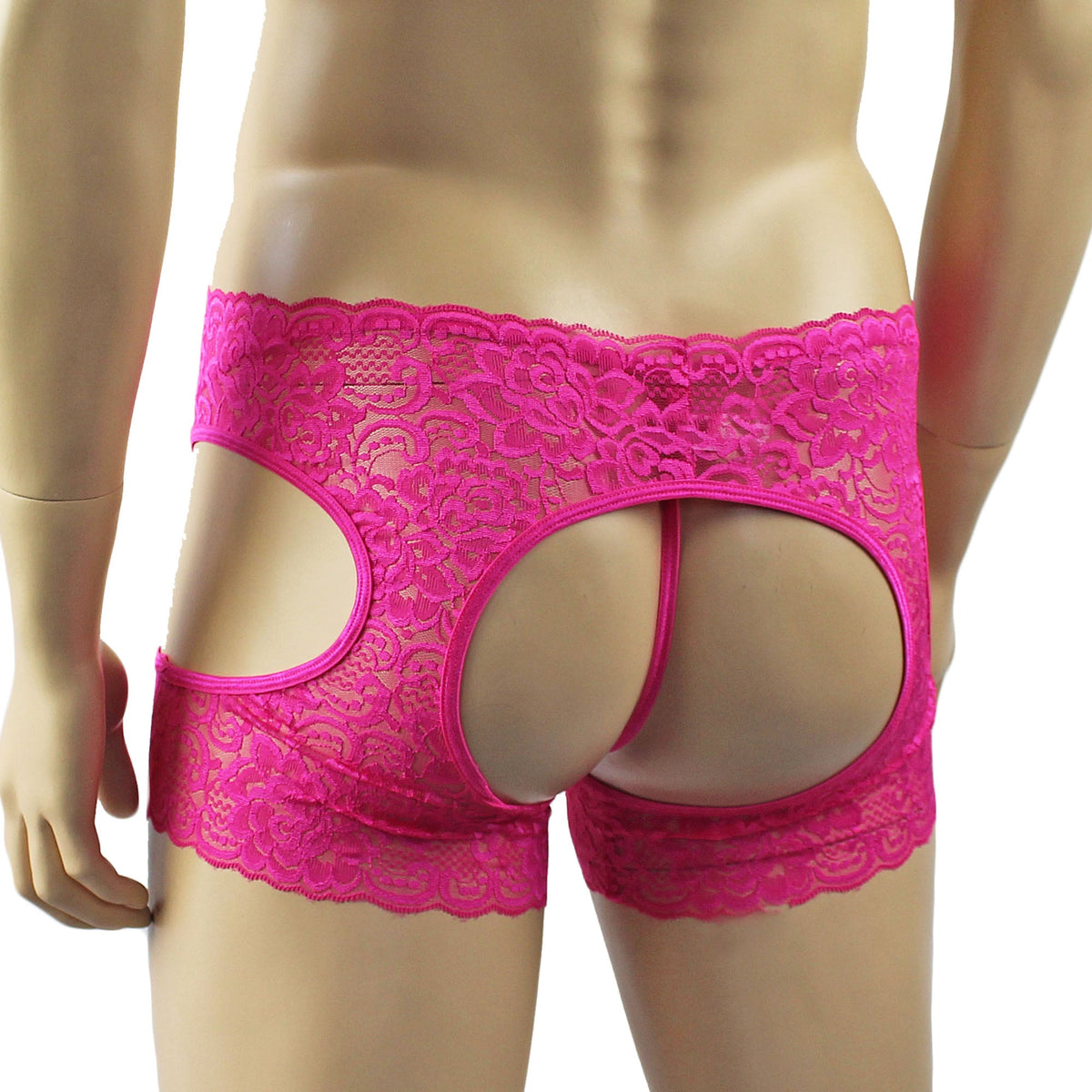 Mens Rebecca Pretty Floral Lingerie Lace Open Garter Boxer Shorts with G string Hot Pink
