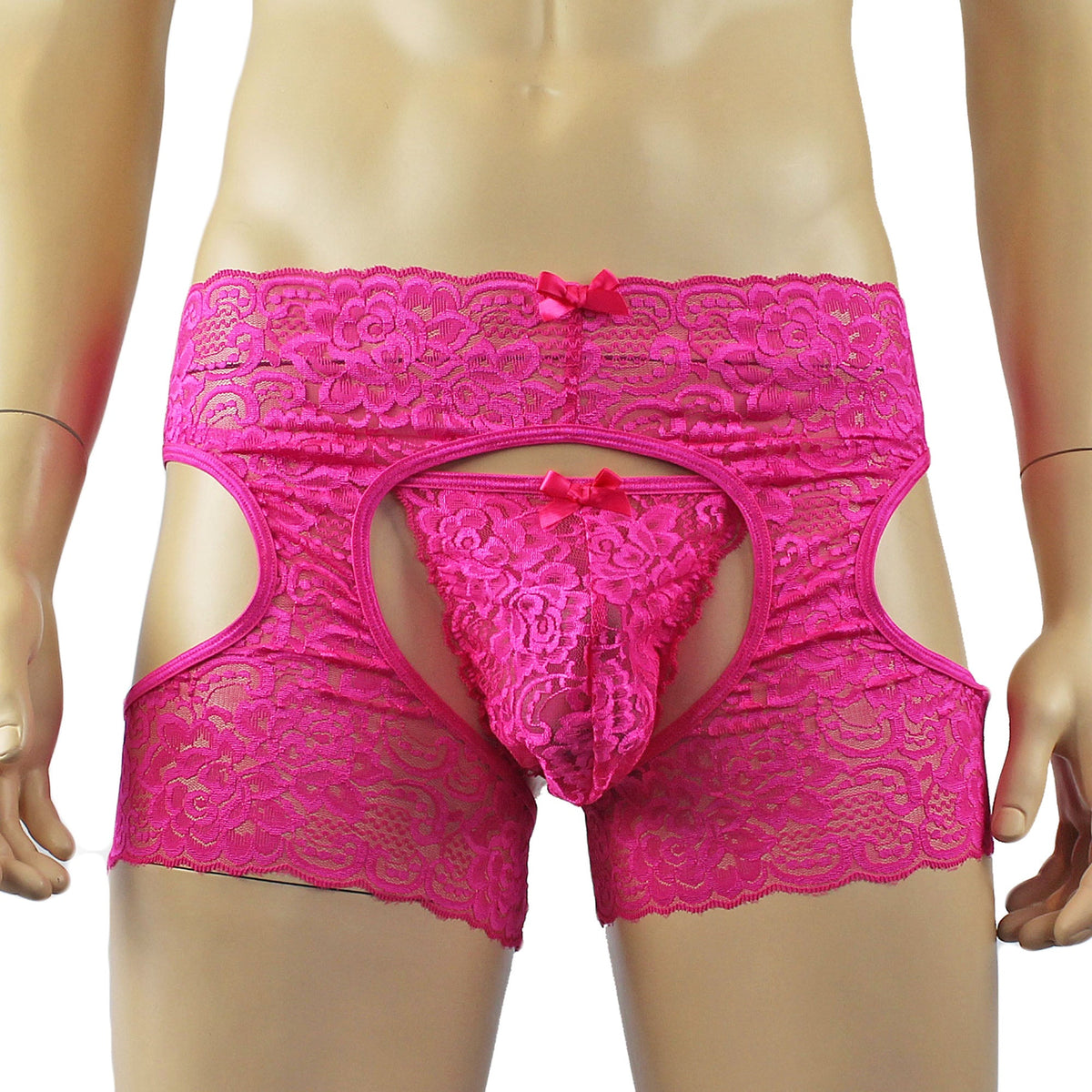 Mens Rebecca Pretty Floral Lingerie Lace Open Garter Boxer Shorts with G string Hot Pink
