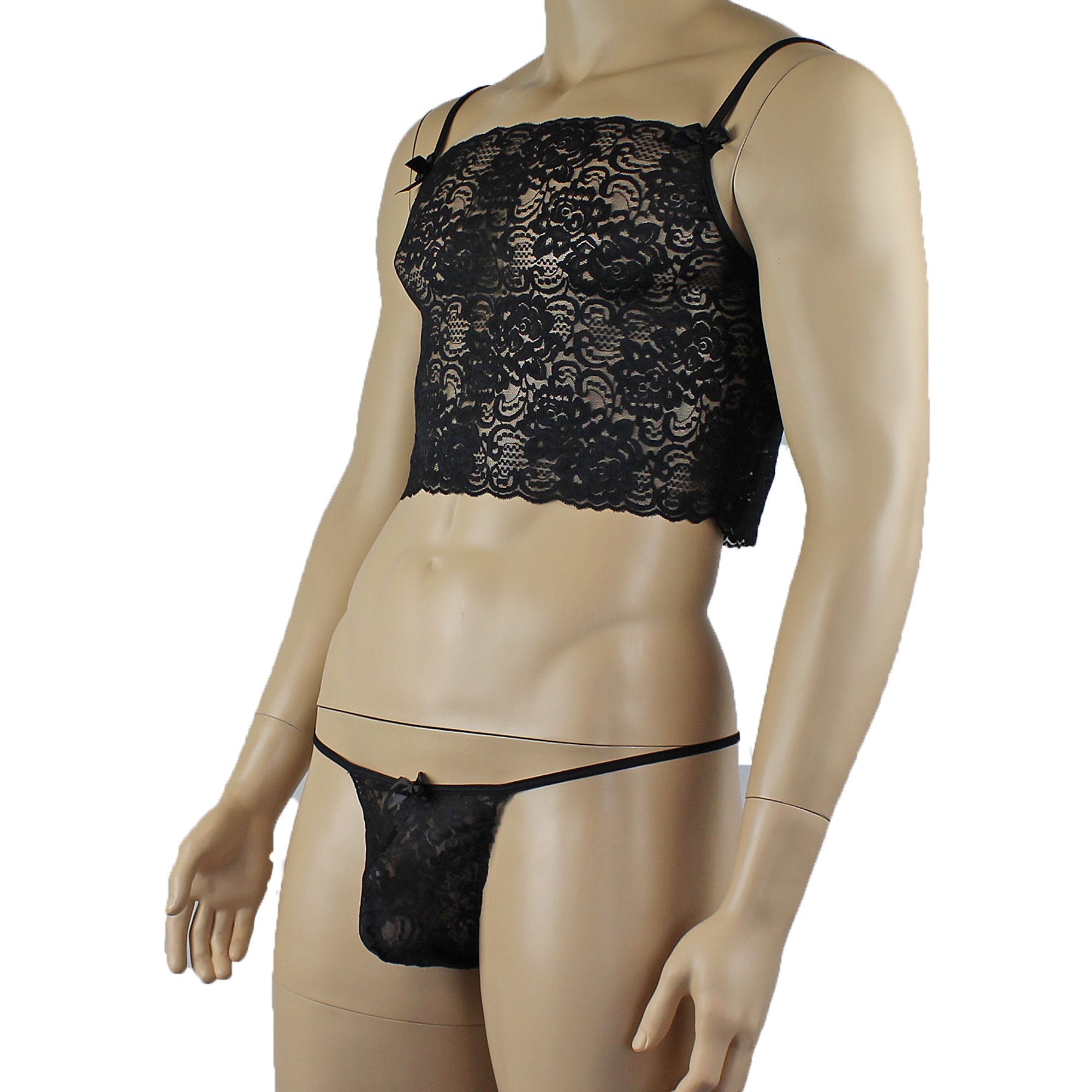 Mens Rebecca Pretty Floral Lingerie Lace Camisole Top, Micro Mini Skirt and G string Black