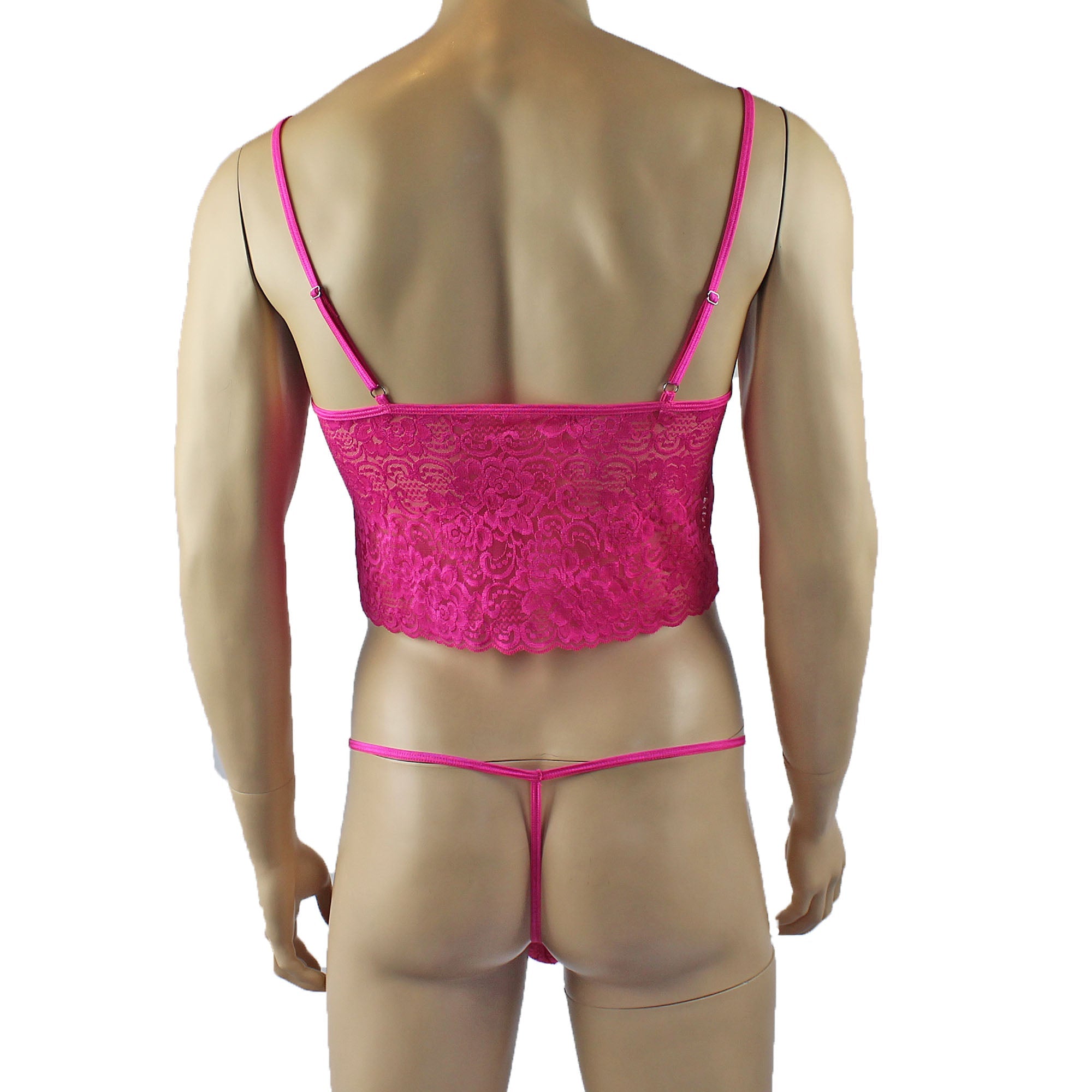 Mens Rebecca Pretty Floral Lingerie Lace Camisole Top, Micro Mini Skirt and G string Hot Pink
