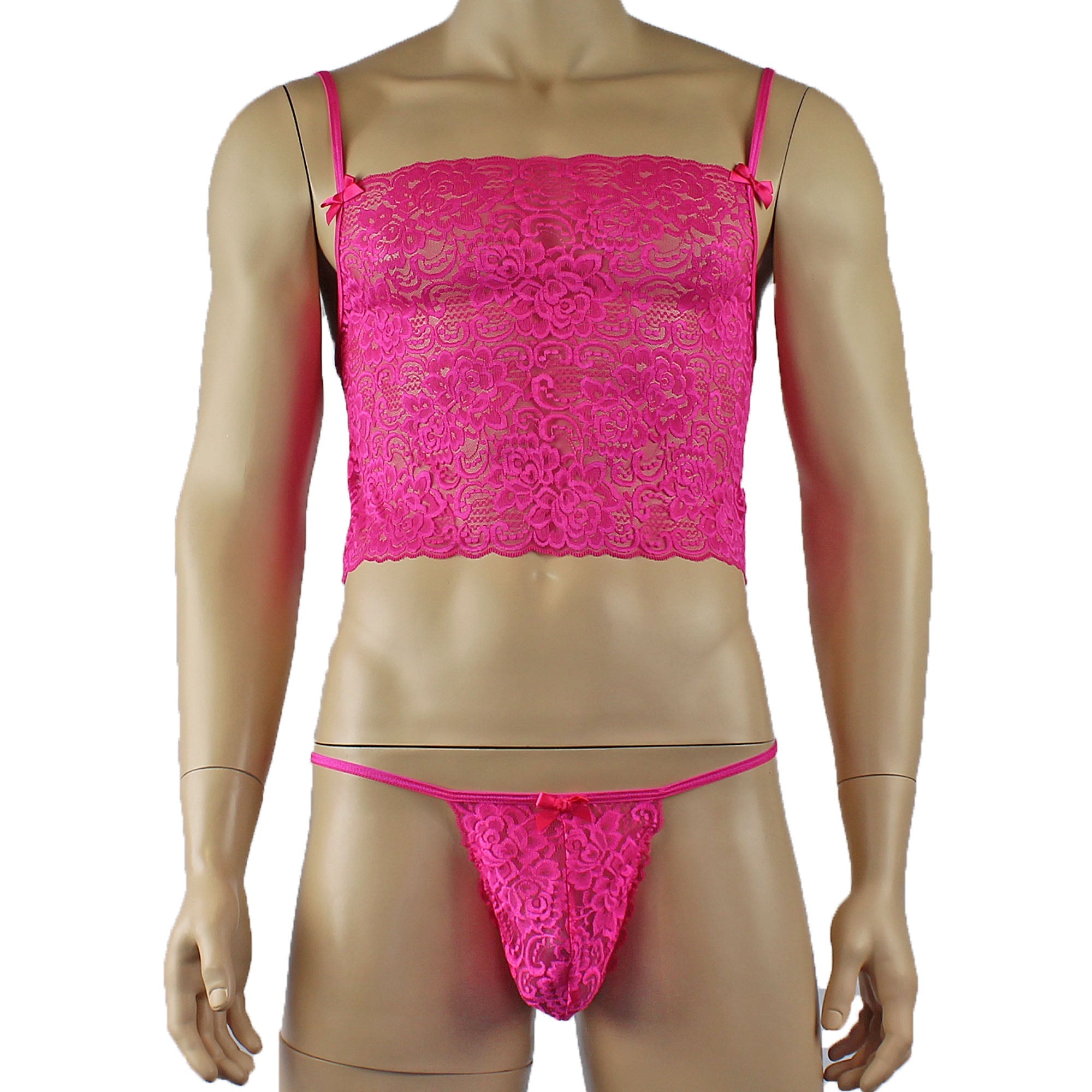 Mens Rebecca Pretty Floral Lingerie Lace Camisole Top, Micro Mini Skirt and G string Hot Pink