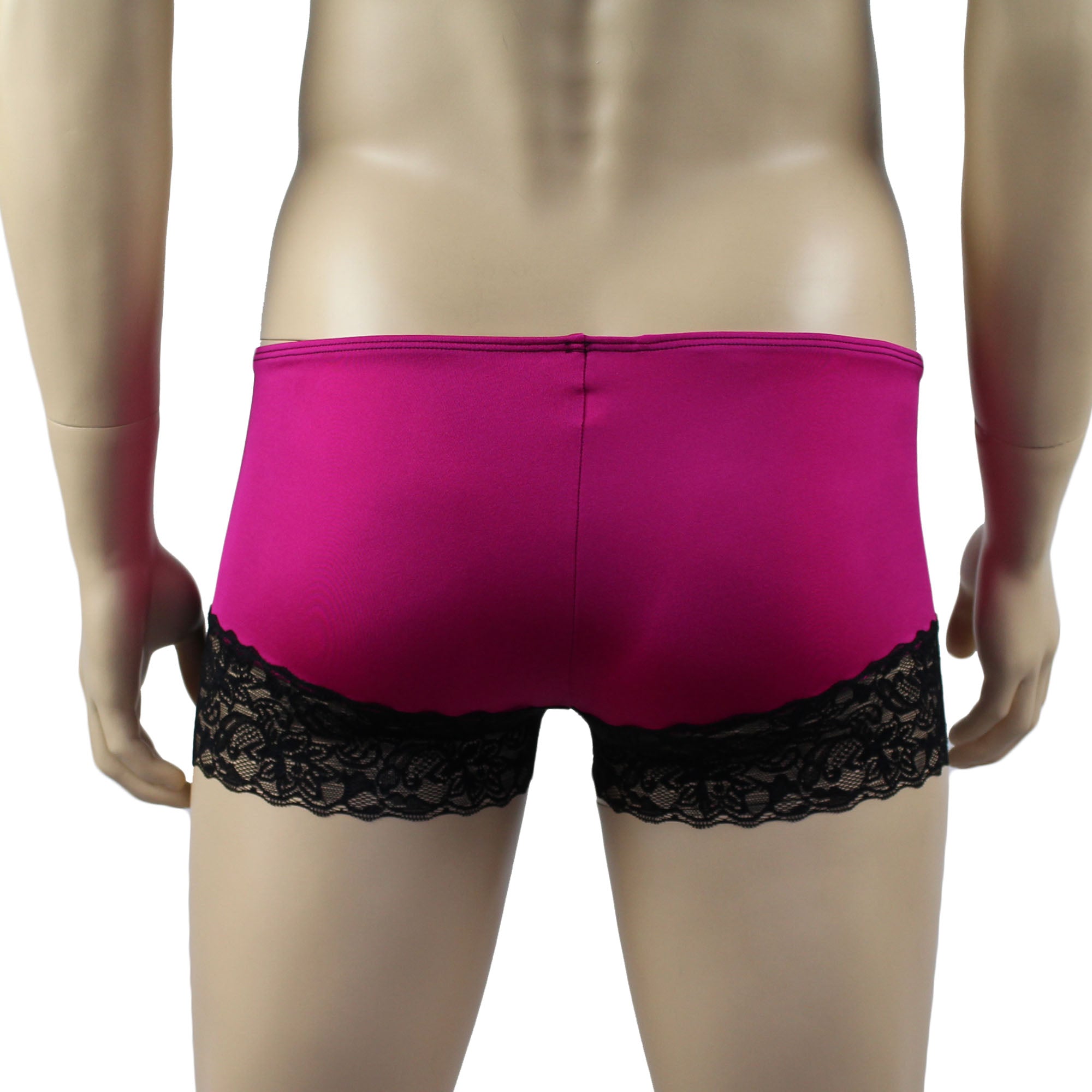 Mens Glamour Spandex & Lace Boxer Brief Shorts Raspberry & Black