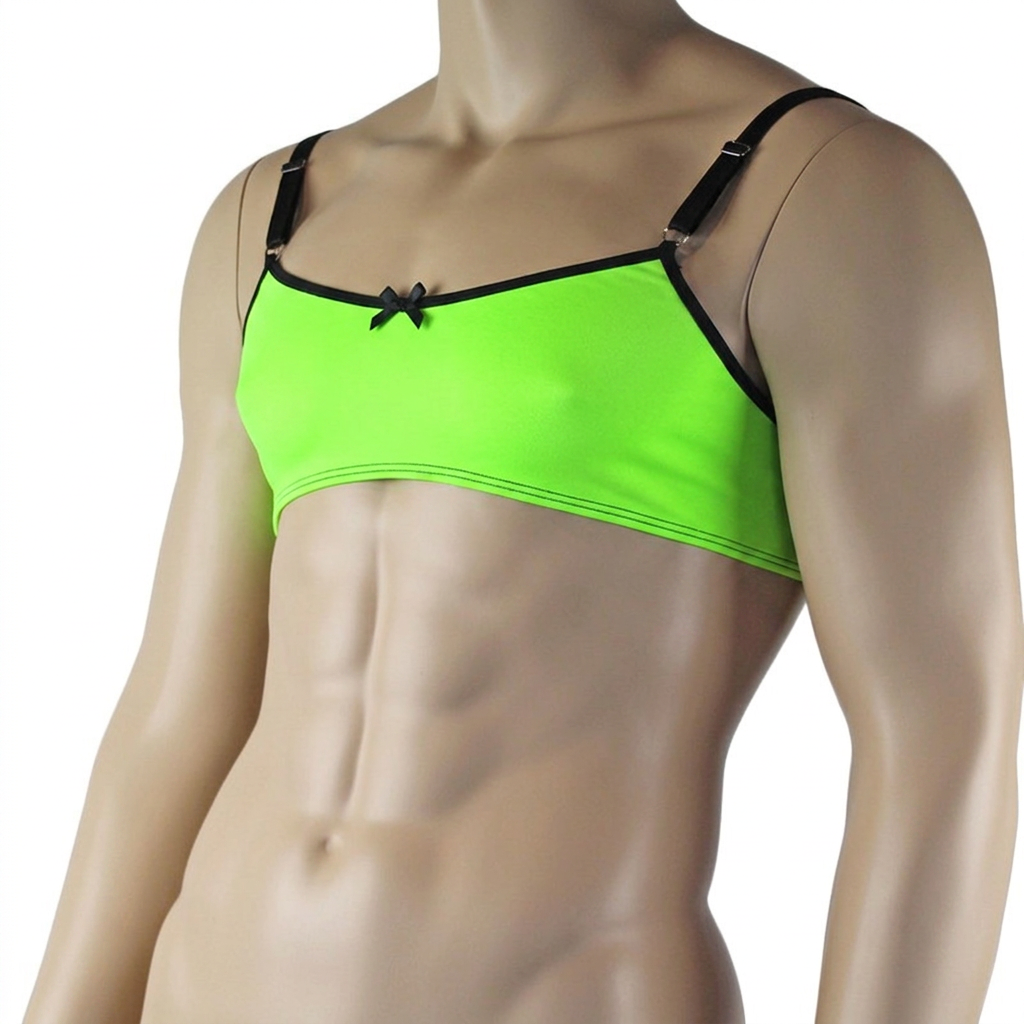 Mens Jenny Shiny Spandex Bra Top with Adjustable Straps Neon Green & Black