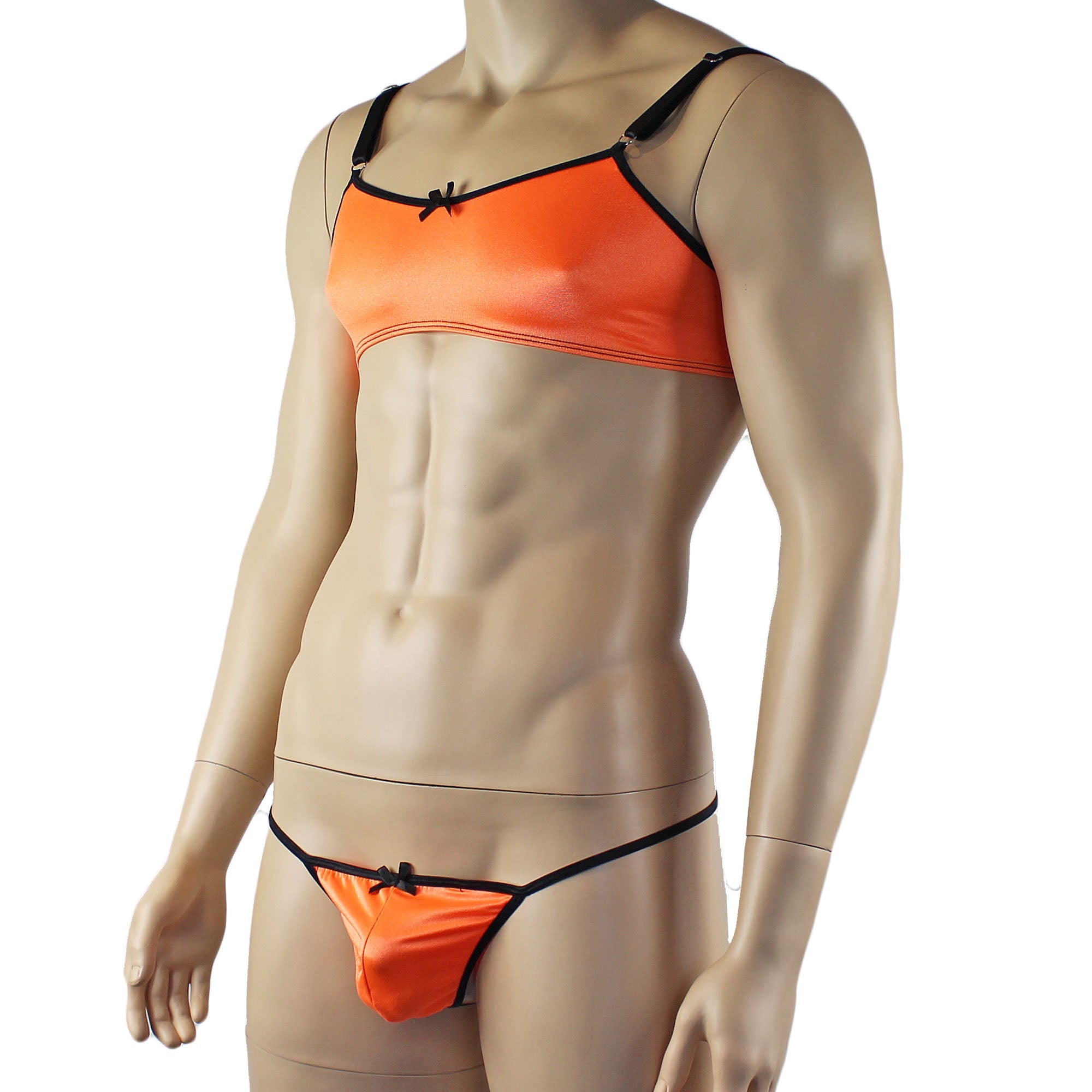 Mens Jenny Shiny Spandex Bra Top & G string Lingerie Orange & Black