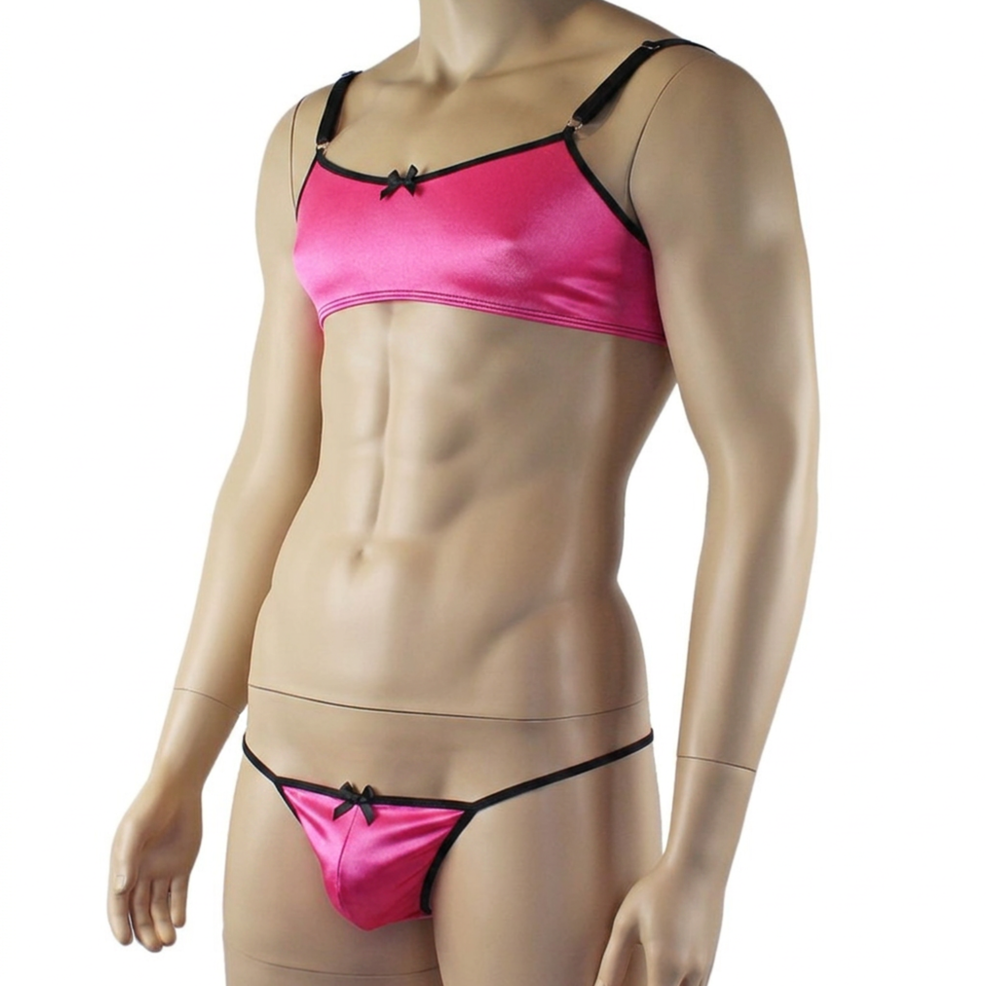 Mens Jenny Shiny Spandex Bra Top & G string Lingerie Hot Pink & Black