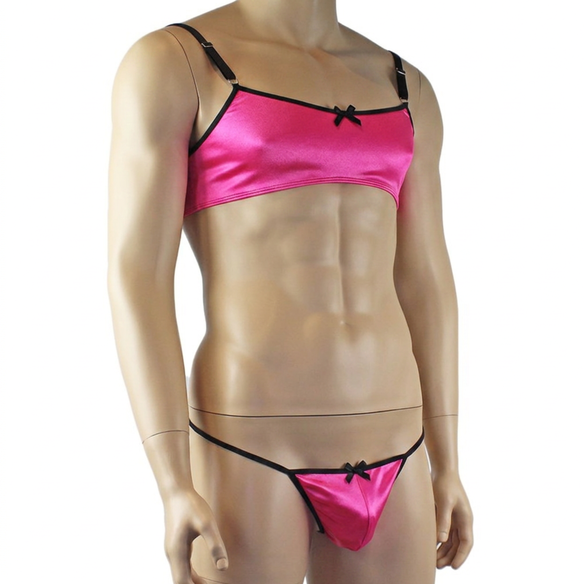Mens Jenny Shiny Spandex Bra Top & G string Lingerie Hot Pink & Black