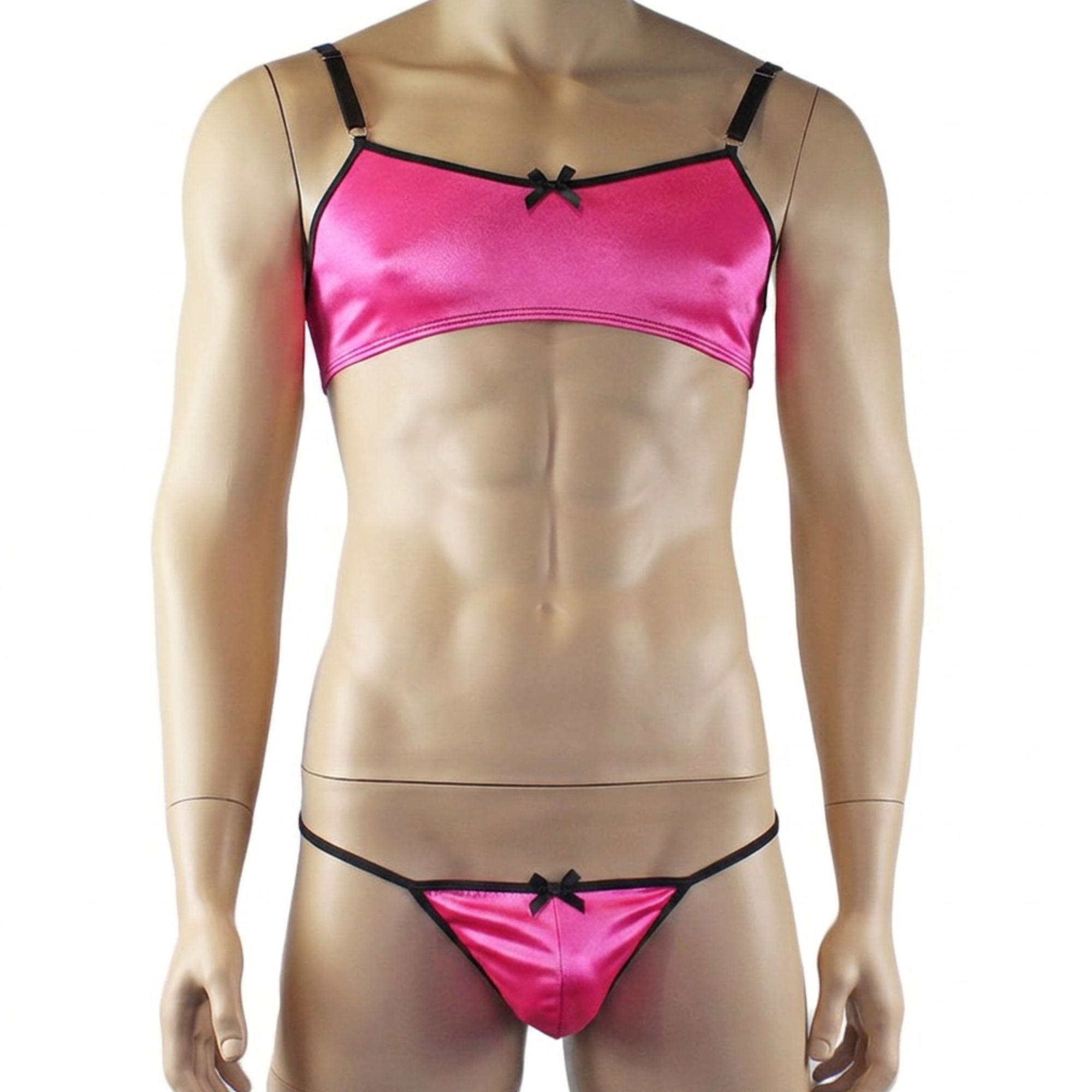 Mens Jenny Shiny Spandex Bra Top & G string Lingerie Hot Pink & Black