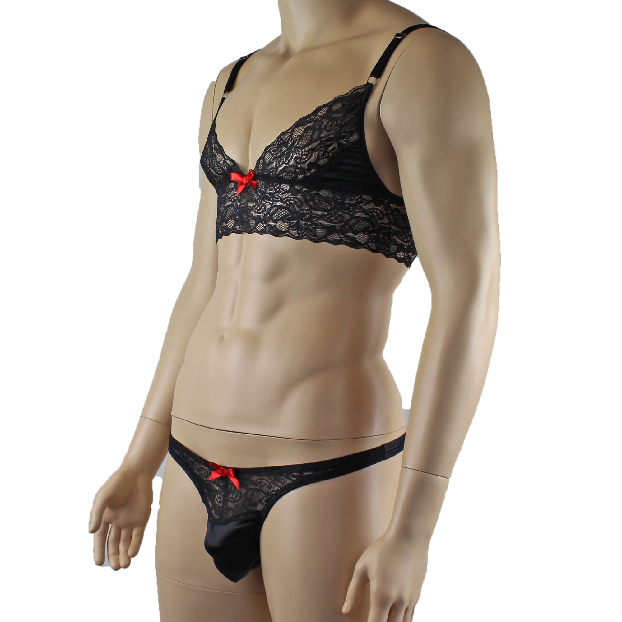Mens Joanne Lace Bra Top Lingerie and Thong for Men Black and Black Lace