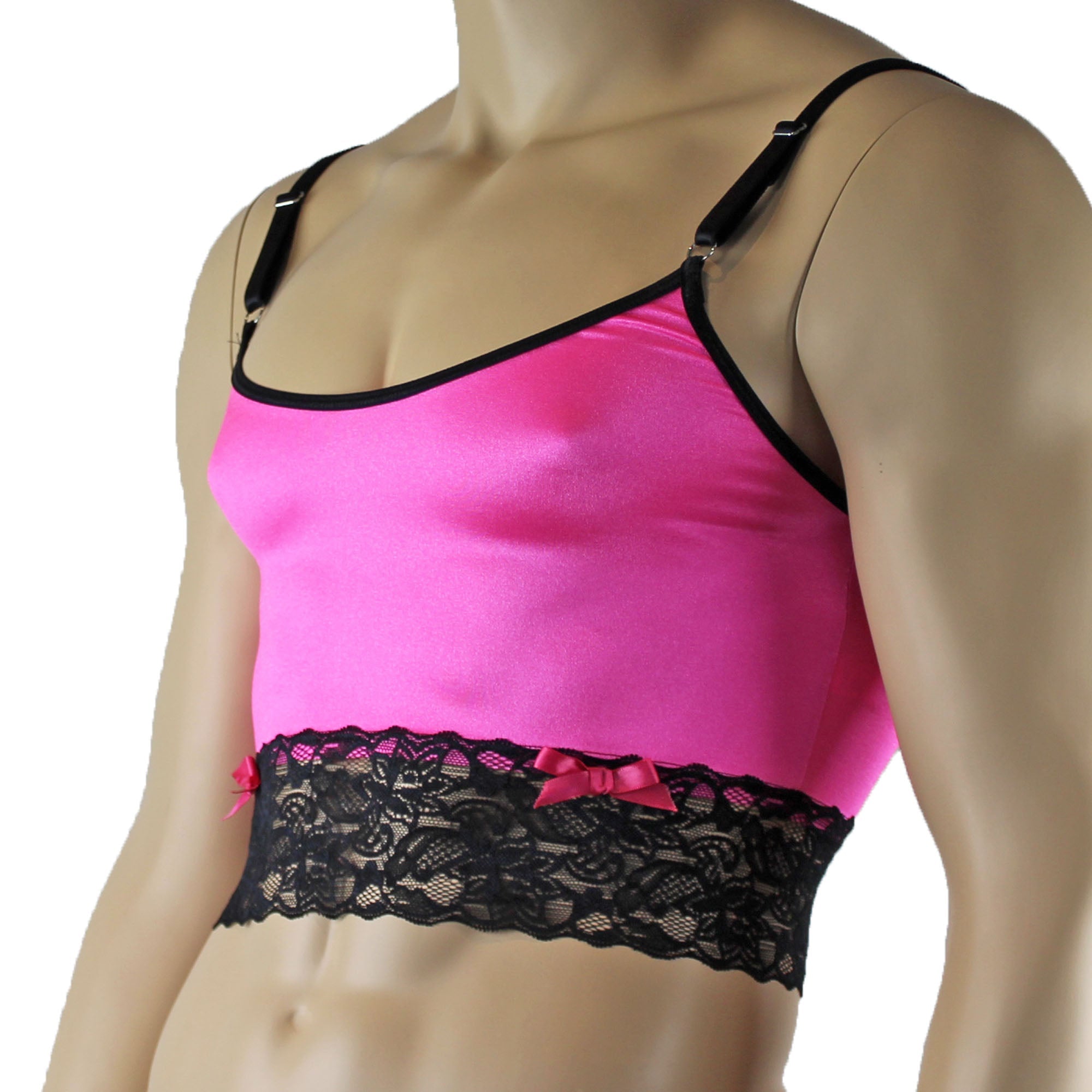 Mens Joanne Satin & Lace Crop Cami Top - Sizes up to 3XL Hot Pink and Black Lace