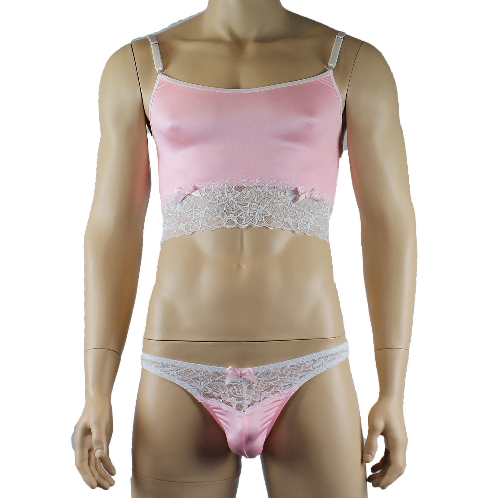 Mens Joanne Satin & Lace Crop Cami Top with Sexy Thong - Sizes up to 3XL Light Pink and White Lace