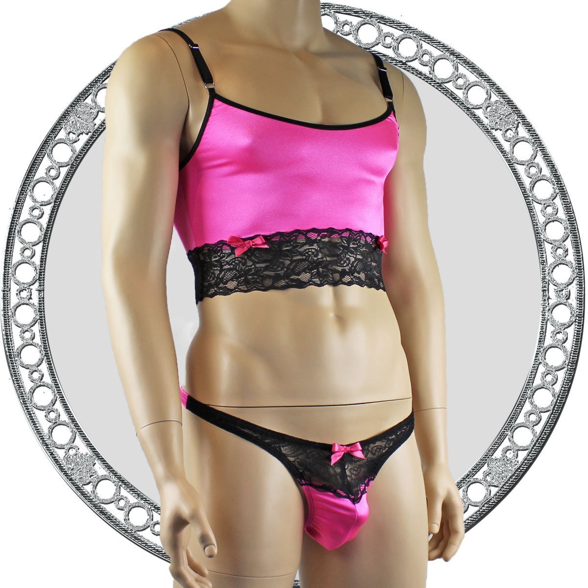 Mens Satin & Lace Crop Cami Top with Sexy Thong Hot Pink and Black