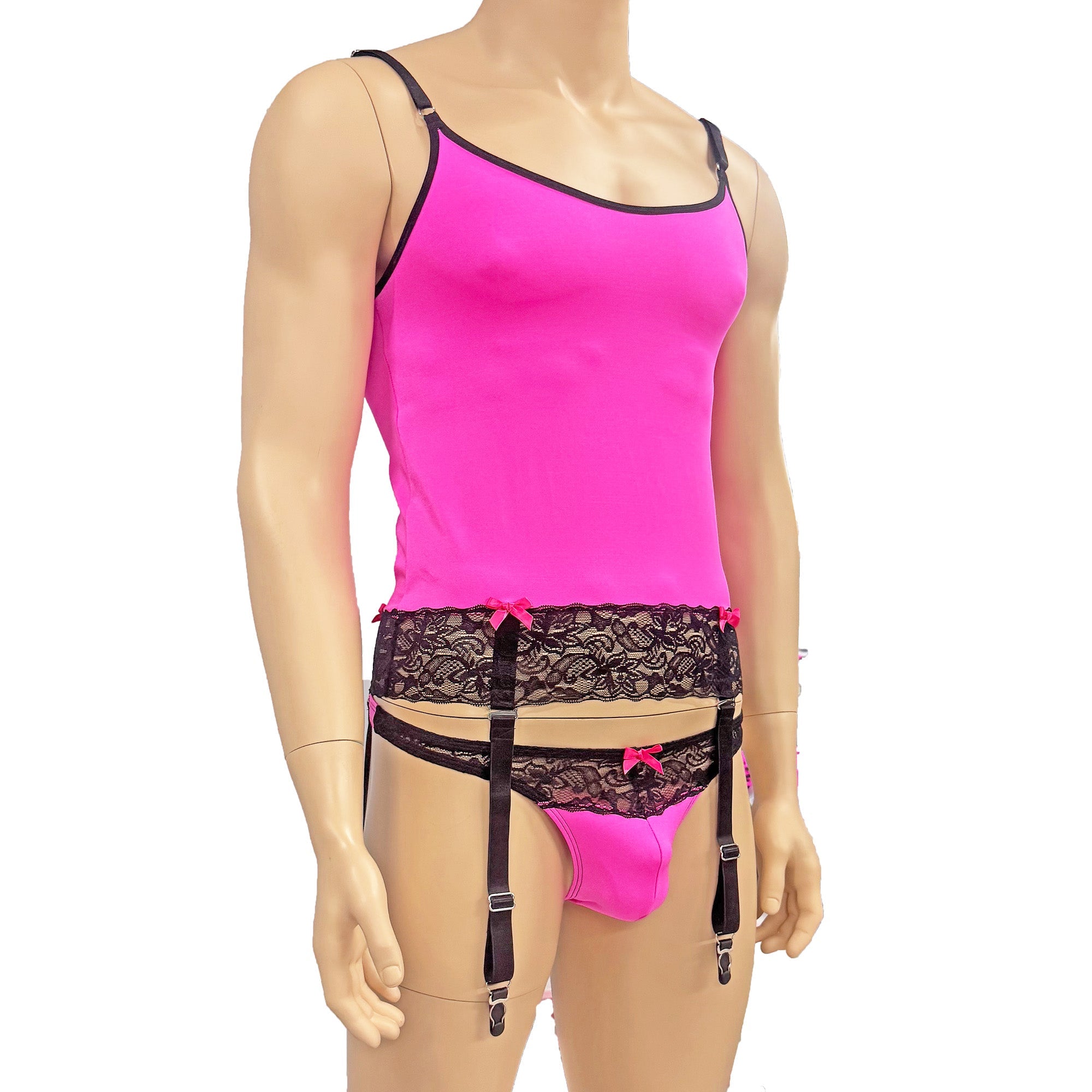 Mens Joanne Camisole Bustier Garter Top with Thong & Stockings - Sizes up to 3XL Hot Pink and Black Lace