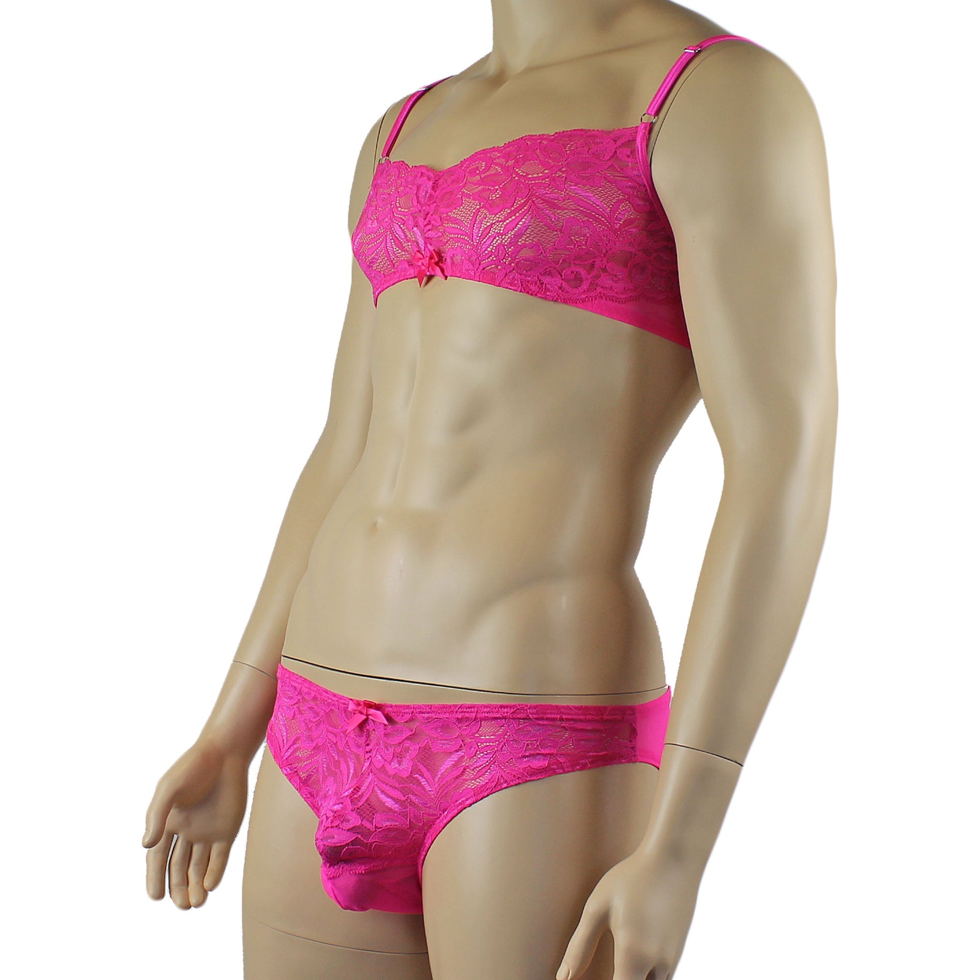 Mens Kristy Lace & Mesh Bra Top BR02L and Bikini Brief Hot Pink