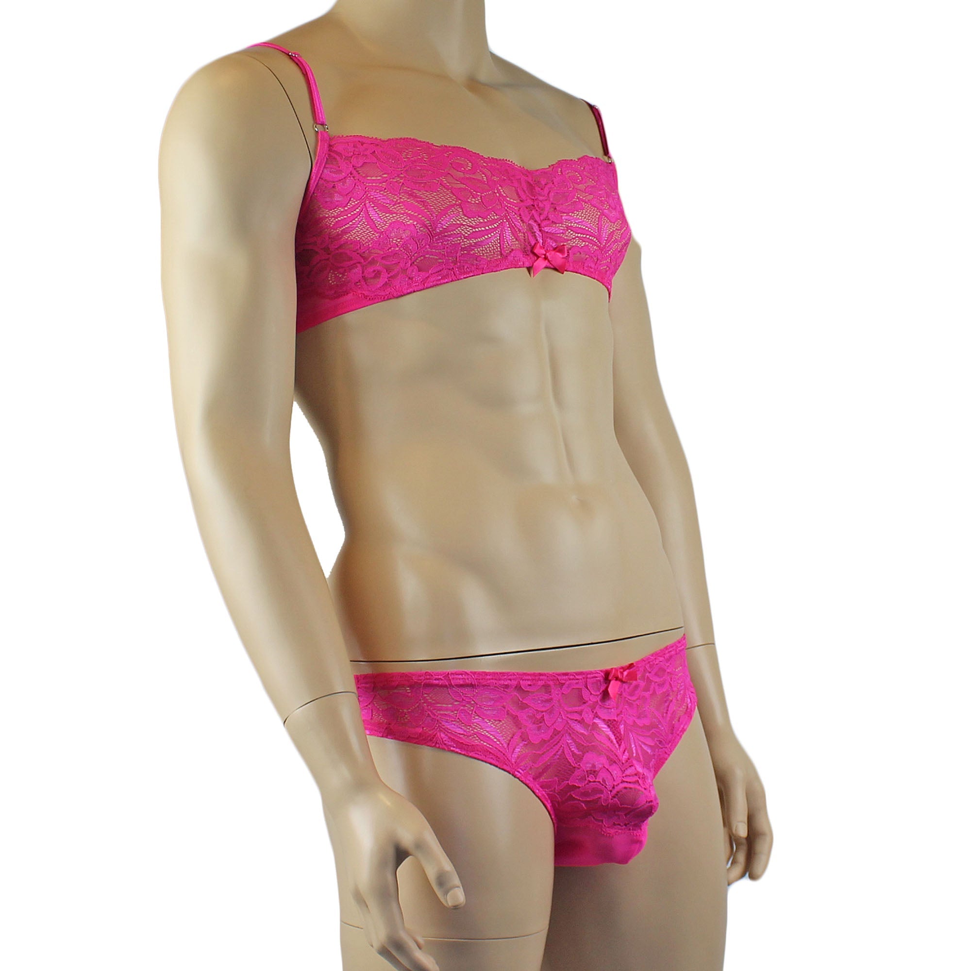 Mens Kristy Lace & Mesh Bra Top BR02L and Bikini Brief Hot Pink