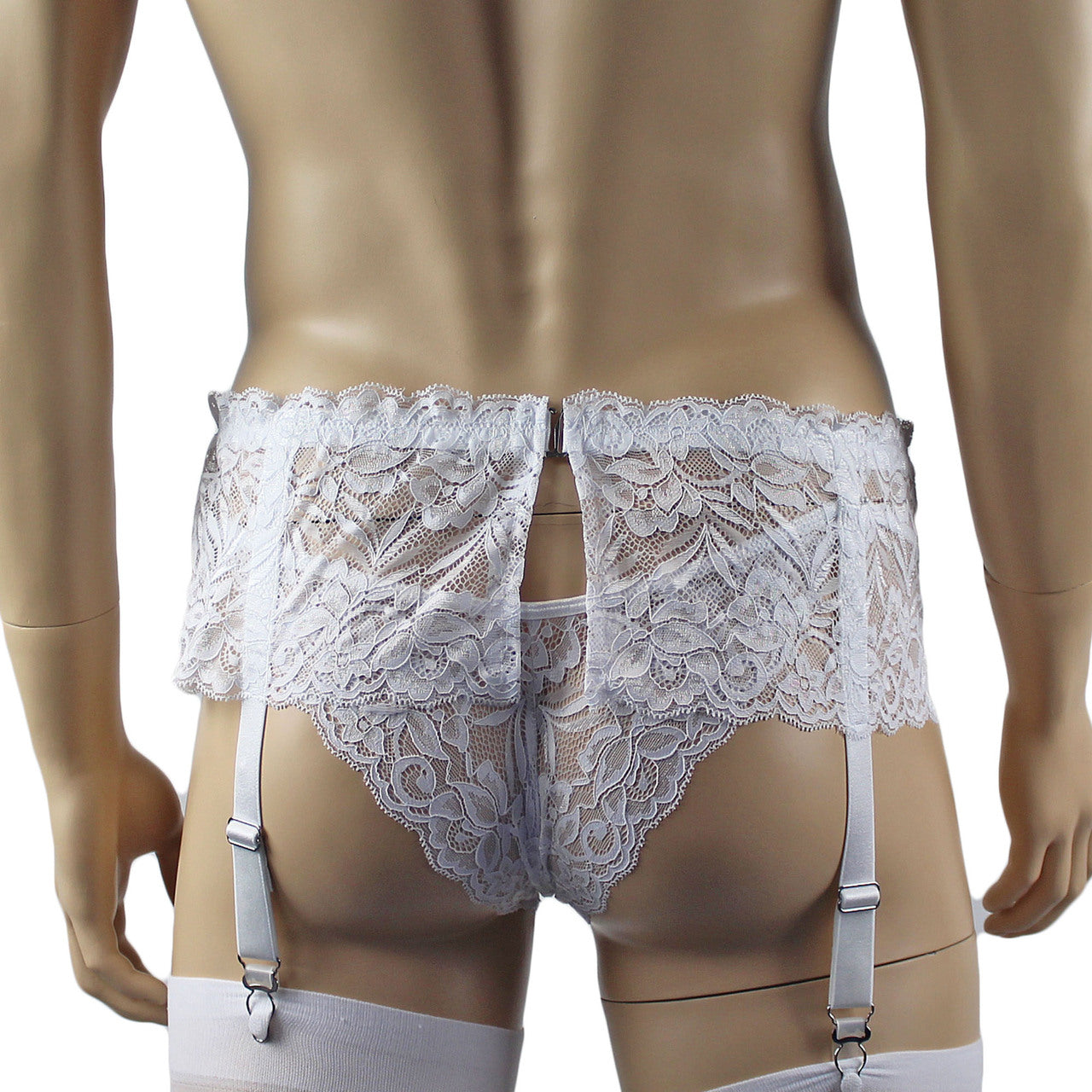 Mens Kristy Wide Lace Garter Belt Mens Lingerie White