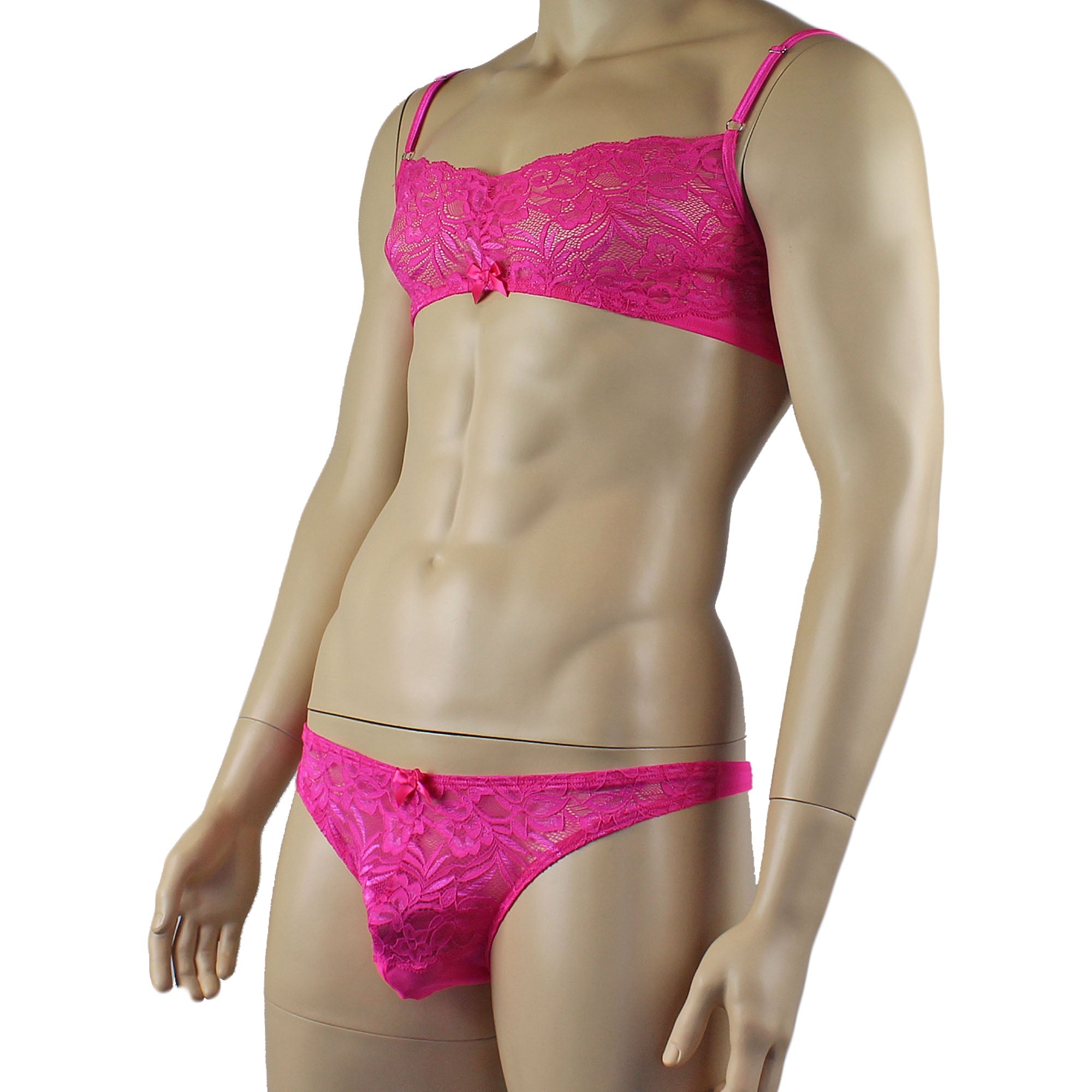 Mens Kristy Lace & Mesh Bra Top BR02L and Thong Panty Hot Pink