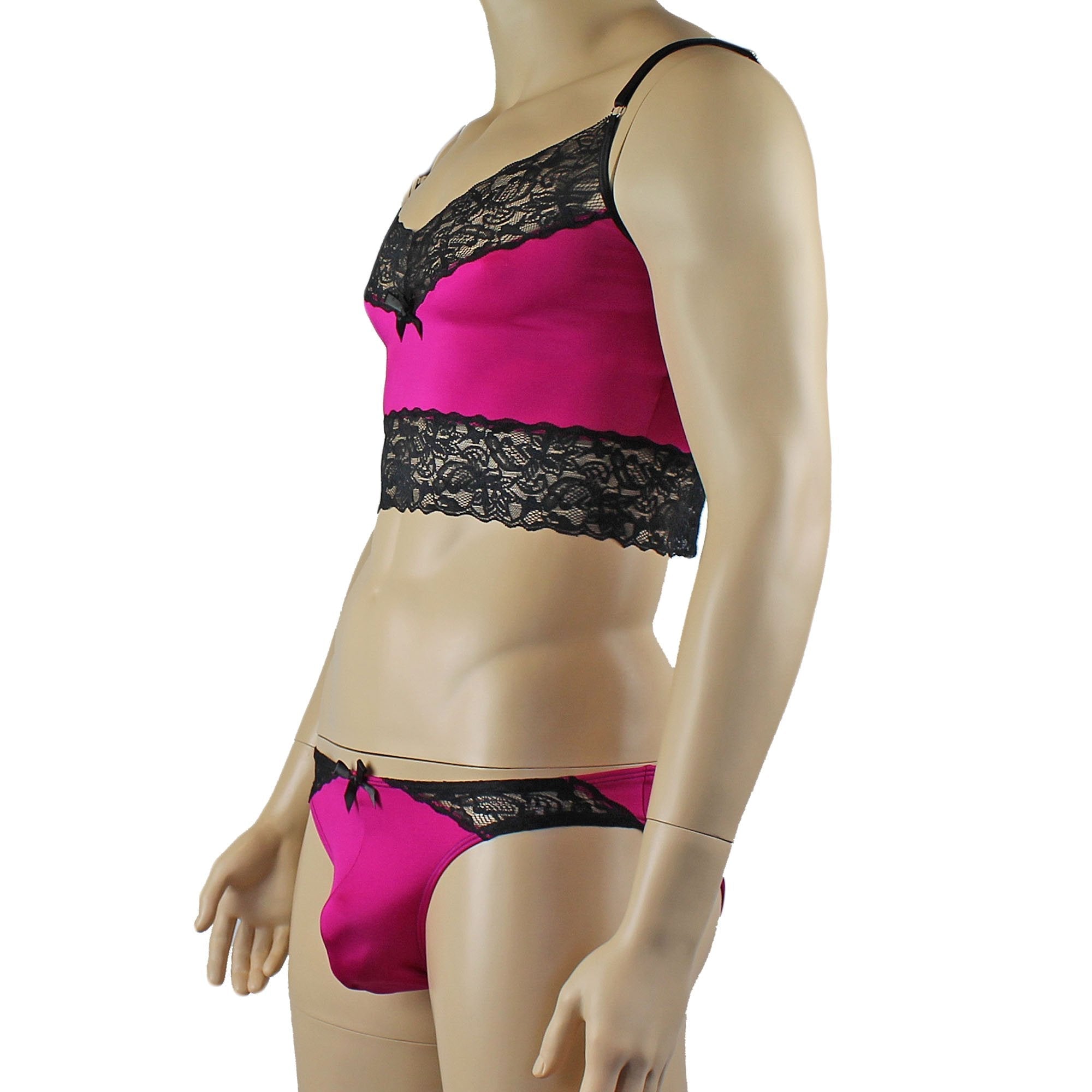 Mens Glamour Camisole Top with High Waist Thong- Sizes up to 3XL Raspberry