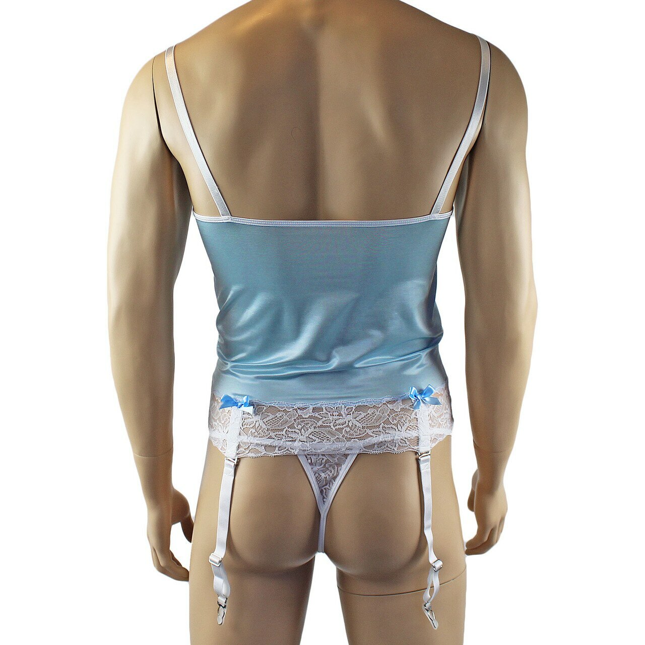 Mens Joanne Camisole Bustier Garter Top with Pouch G string & Stockings - Sizes up to 3XL Light Blue and White Lace