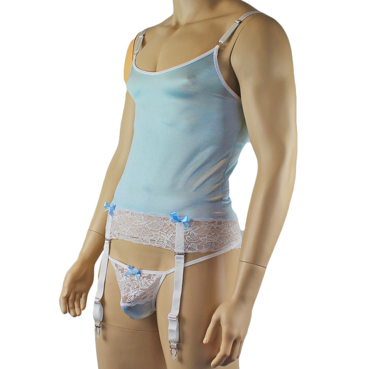 Mens Joanne Camisole Bustier Garter Top with Pouch G string & Stockings - Sizes up to 3XL Light Blue and White Lace