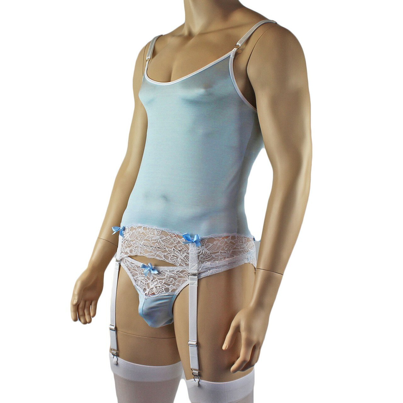 Mens Joanne Camisole Bustier Garter Top with Thong & Stockings - Sizes up to 3XL Light Blue and White Lace